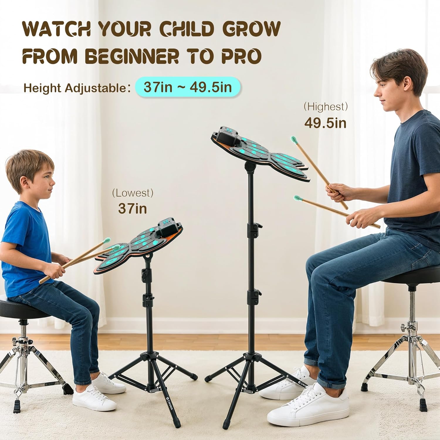 CAHAYA Electric Drum Pad Kids - Electronic Drum Set 9-Pads with Dual Speakers MIDI Portable Electric Drum Kit for Beginners Gift with Small Tray, Tripod Stand, Drumstick Bag