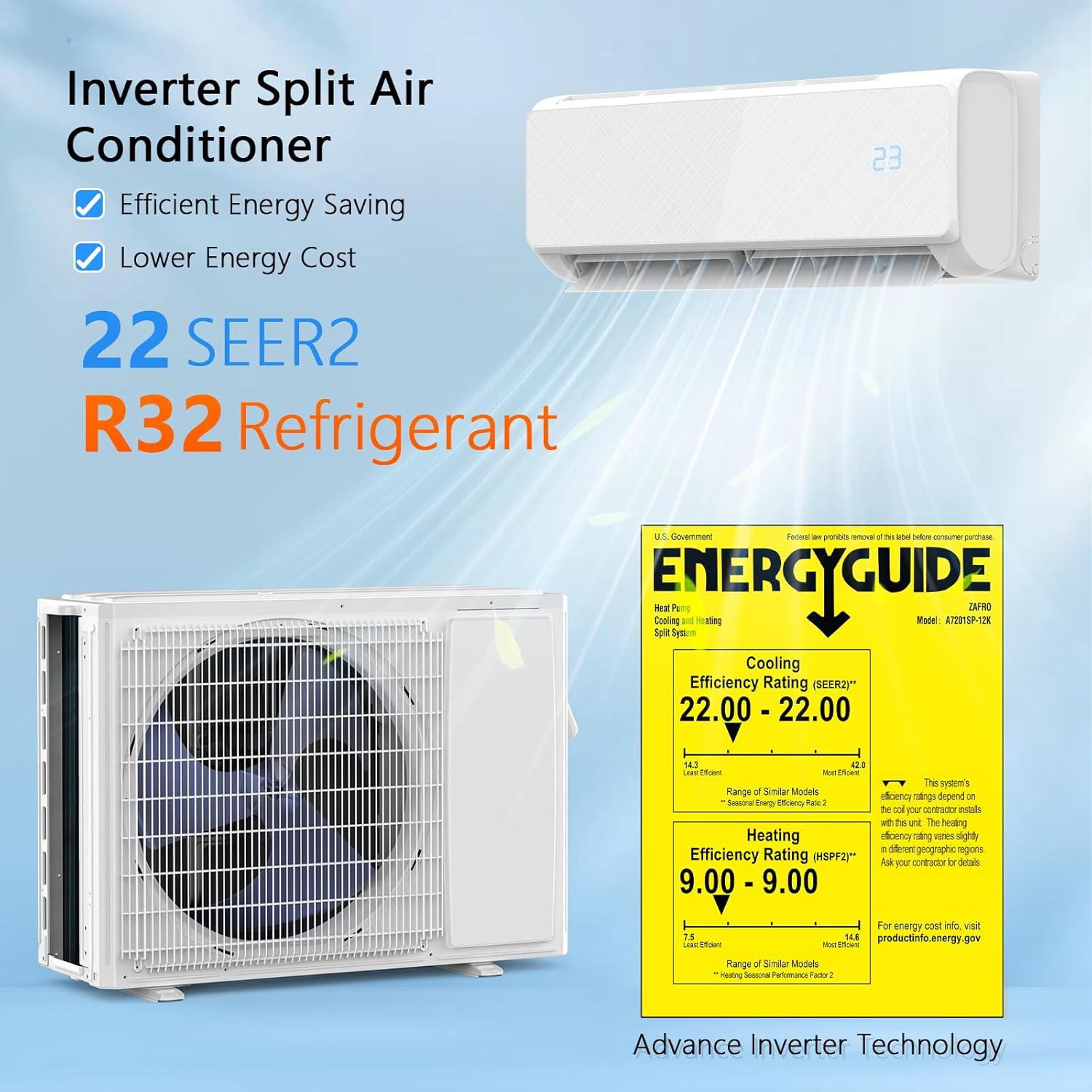 12000 BTU Mini Split Air Conditioner & Heat Pump- Inverter SEER2 22 115V, Energy Star Wi-Fi Smart Control, Quiet, with Child Lock, Self-Cleaning, Cools and Heats Up to 750 Sq.ft, Easy Installation Kit