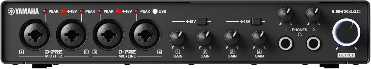 Yamaha 6-in/4-out USB-C Audio/MIDI Interface with 32-bit/192kHz Support, 4 combo and 2 Line Inputs, DSP-Powered Mixing/Effects, Steinberg Software Suite, Black URX44C