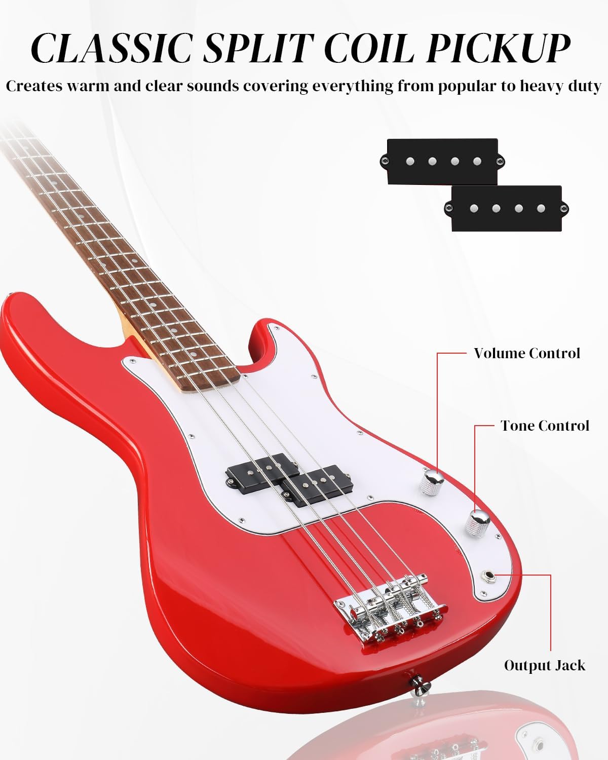 Ktaxon Full Size Bass Guitar 4 String Electric Bass Guitar Kit with Solid Wood Body, Dynamic Tone & Fantastic Hand Feeling Includes 20W Amp, Cable, Strap, Pick and Wrench(Red)