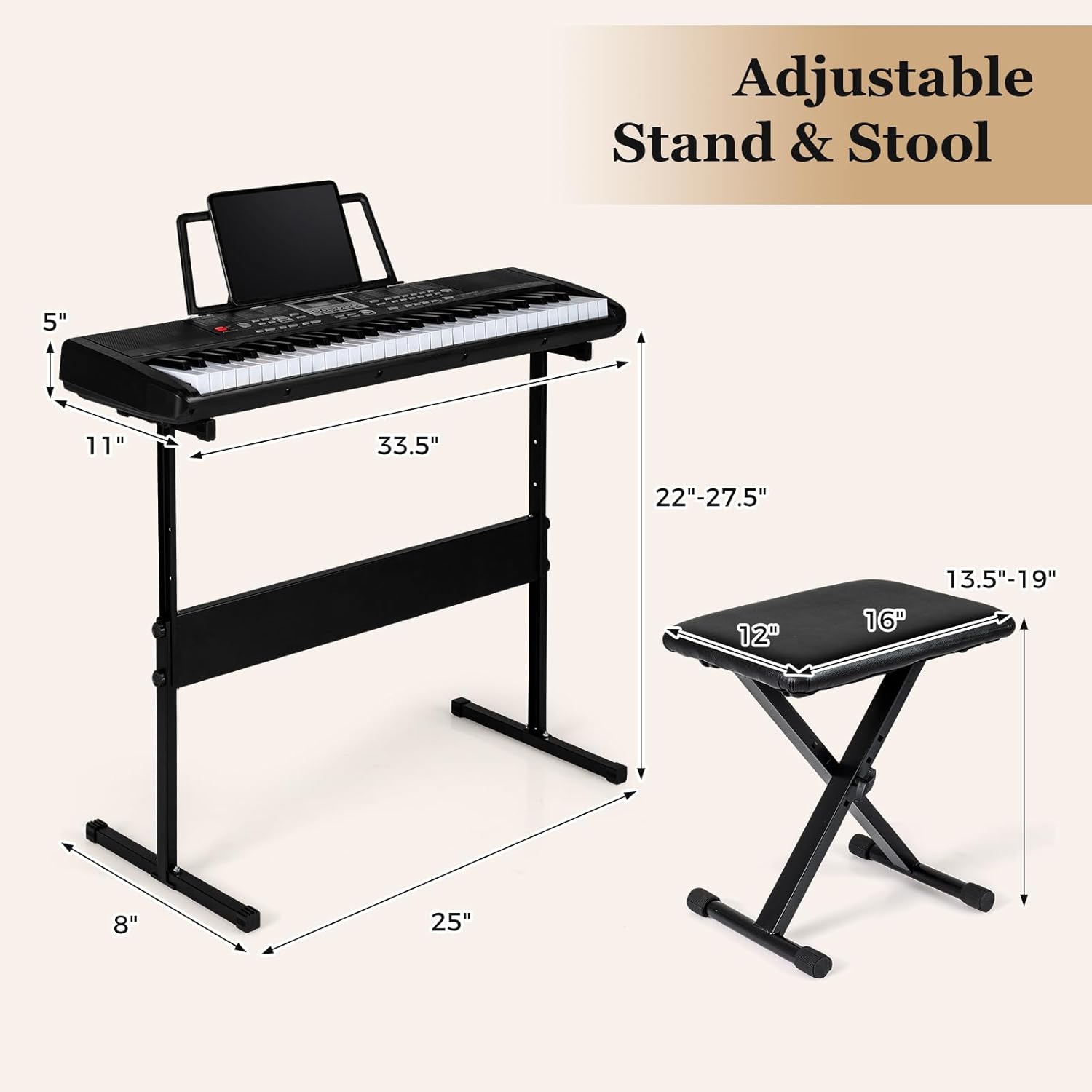 Costzon 61 Key Piano Keyboard, Electric Digital Piano with Stand & Bench, Lighted Keys, 200 Rhythms/Tones, Headphones, Microphone, Note Sticker, Portable Keyboard Piano for Beginners Adults (Black)