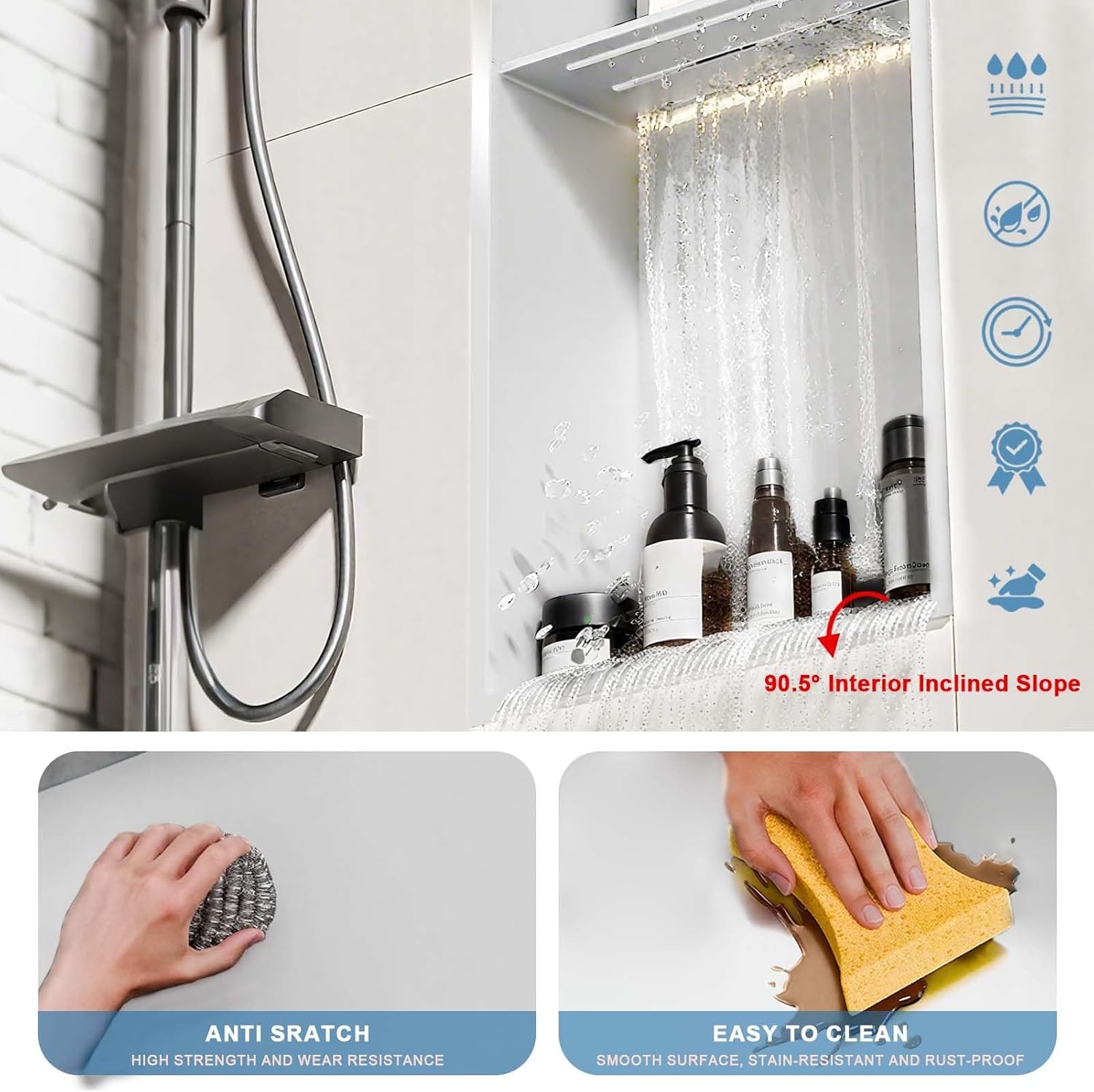 Shower Recessed Shelf 304 Stainless Steel, Waterproof Bathroom Niche Tile Ready Organizer Shelf, Wall Mount Bathroom Shower Storage(90cmx28cmx12.5cm)