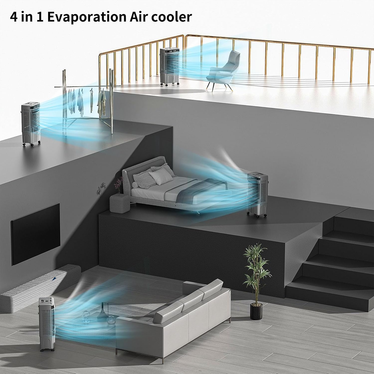 VCJ 5.3 Gal Swamp Cooler Air Conditioner, 3-In-1 12H Timer Evaporative Air Cooler with Remote, 3 Speeds, 4 Ice Packs, Portable Swamp Air Cooler for Room, Garage, Bedroom, Outdoor