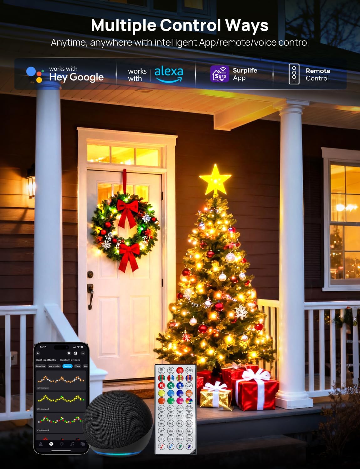 Smart Christmas Fairy Lights, 98.4Ft 300LEDs RGB+IC String Light, APP & Remote Control, with 84 Scenes, Music Mode, Work with Alexa & Google Home, Color Changing Halloween Decor Light for Indoor Tree