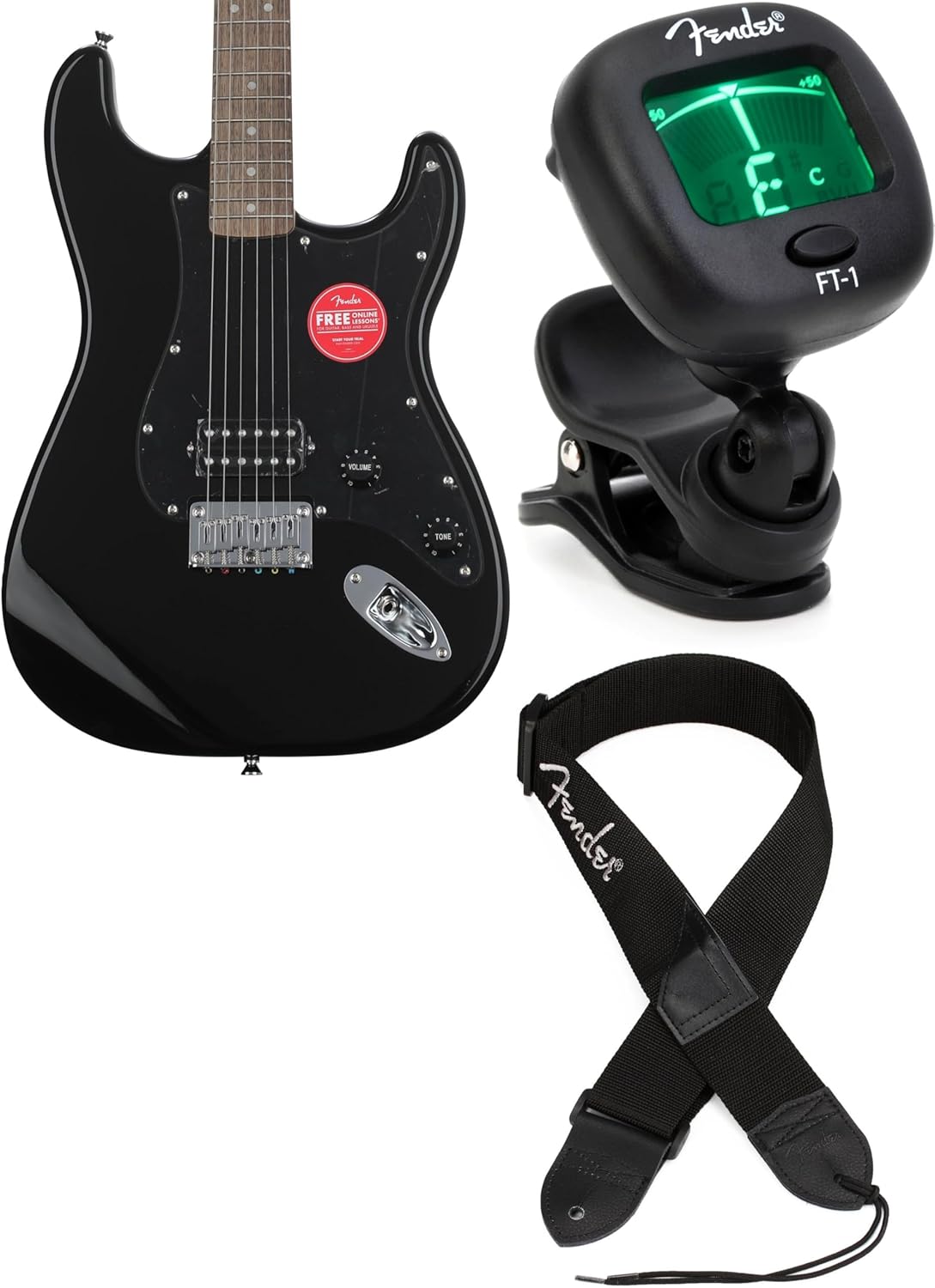 Fender Squier Sonic Stratocaster HT H Electric Guitar, Black, Includes Tuner and Strap