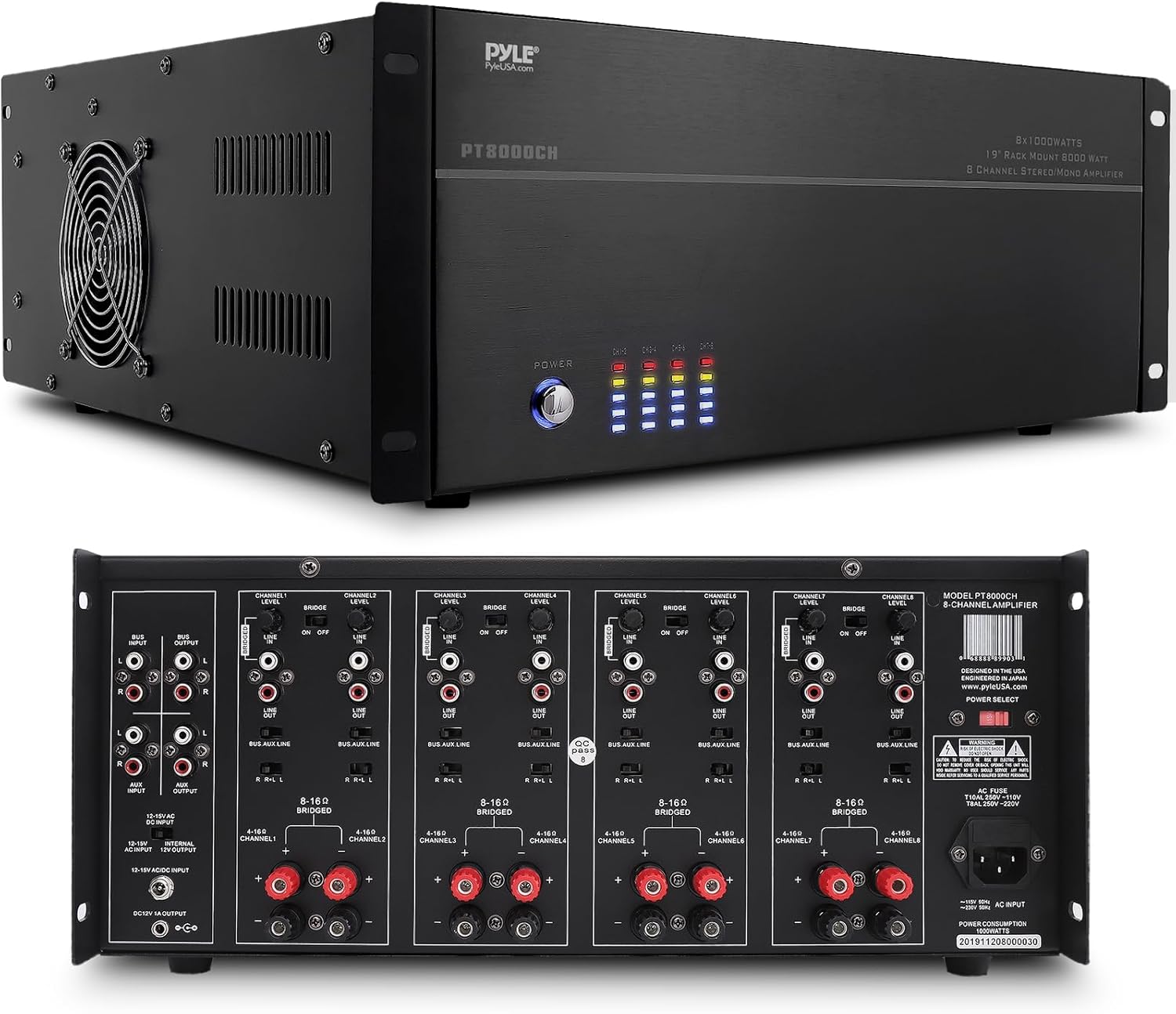 Pyle 4 Multi-Zone Stereo Amplifier - 19” Rack Mount, Powerful 8000 Watts with Speaker Selector Volume Control & LED Audio Level Display, 4-Ch. Bridgeable Switches - PT8000CH