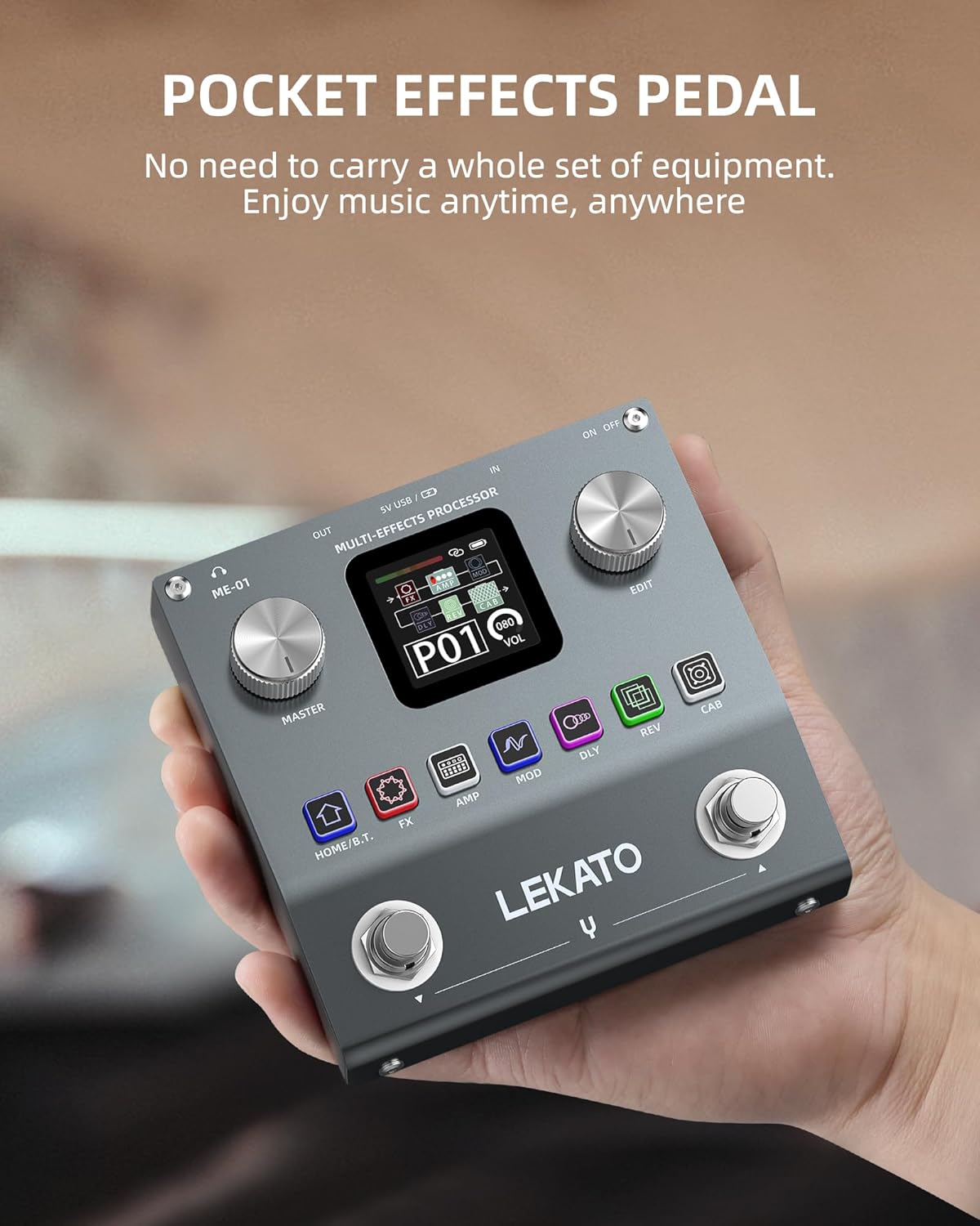 LEKATO Multi Effects Guitar Pedal, Electric Guitar Effects Pedal, Pocket Rechargeable Effects Processor with 6 Effects Modules, 80 Presets, 20 IRs, BT Audio, Headphone Output