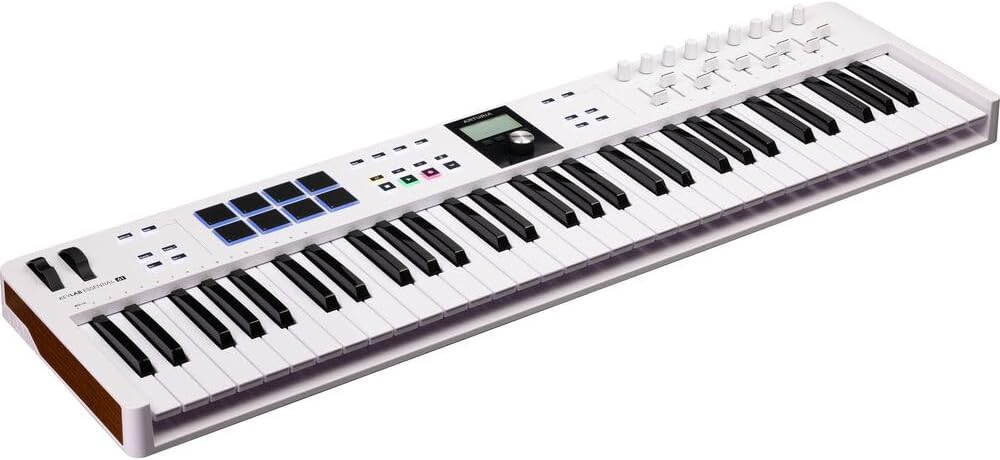 Arturia 231531 KeyLab Essential mk3 61-Key Universal MIDI Controller and Software (White) Bundle with Auray FP-P1L Sustain Pedal, Hosa MID-310 MIDI Cable, and Medium-Size 61-67 Keys Cover for Piano