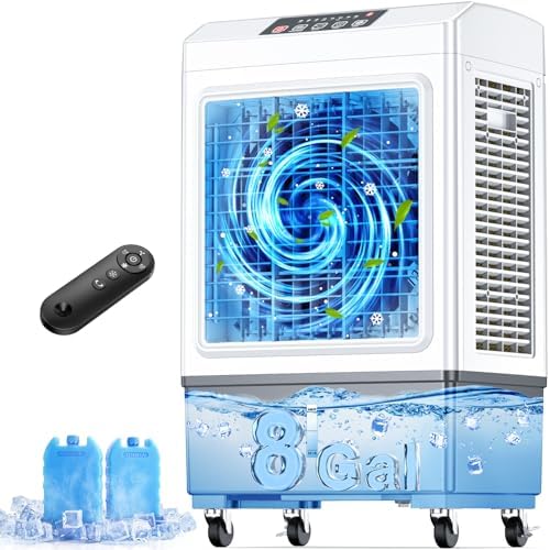 FANCOLE Windowless Air Conditioner, 2100CFM Evaporative Air Cooler with 2 Ice Packs, 700 Sq.ft Swamp Cooler Air Conditioner No Windows Needed w/3Mode & 3Speed, 7H Timer & Remote for Room Garage Patio