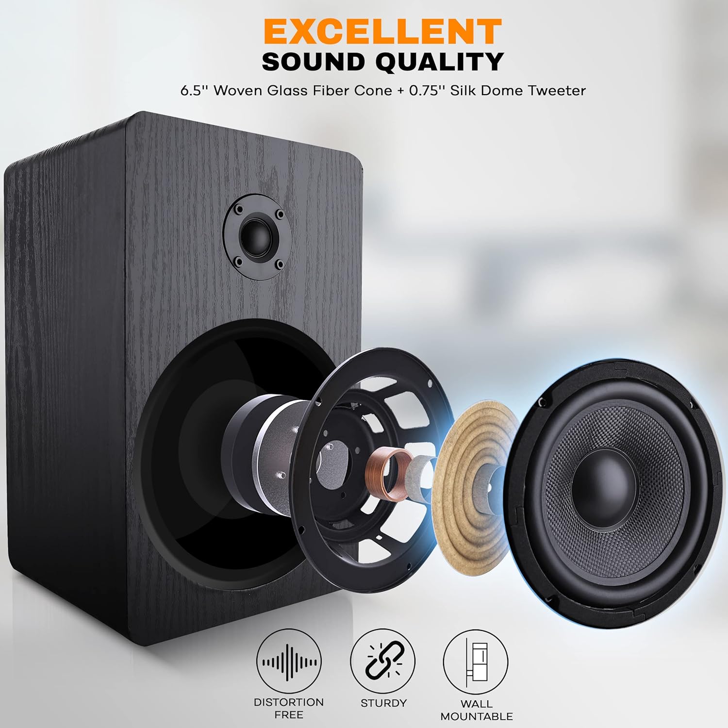 PyleUsa Home Theater Wooden Bookshelf Speakers - Wall-Mountable with 0.75'' Silk Dome Tweeter and Aluminum Voice Coils, Pair, Neat Black Color, Gold Plated 5 Way Binding Post - PSMSP6