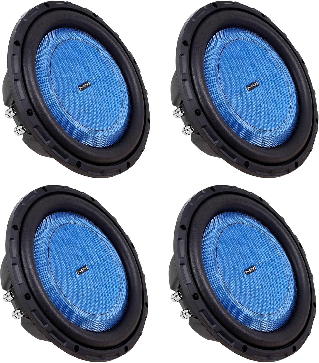 Hifonics 4 Pack Elite 10 Inch Shallow Mount Car Subwoofer, Dual 4 Ohm Voice Coil Speaker 600 Watt Peak Power Mobile Amplifier, Black/Blue