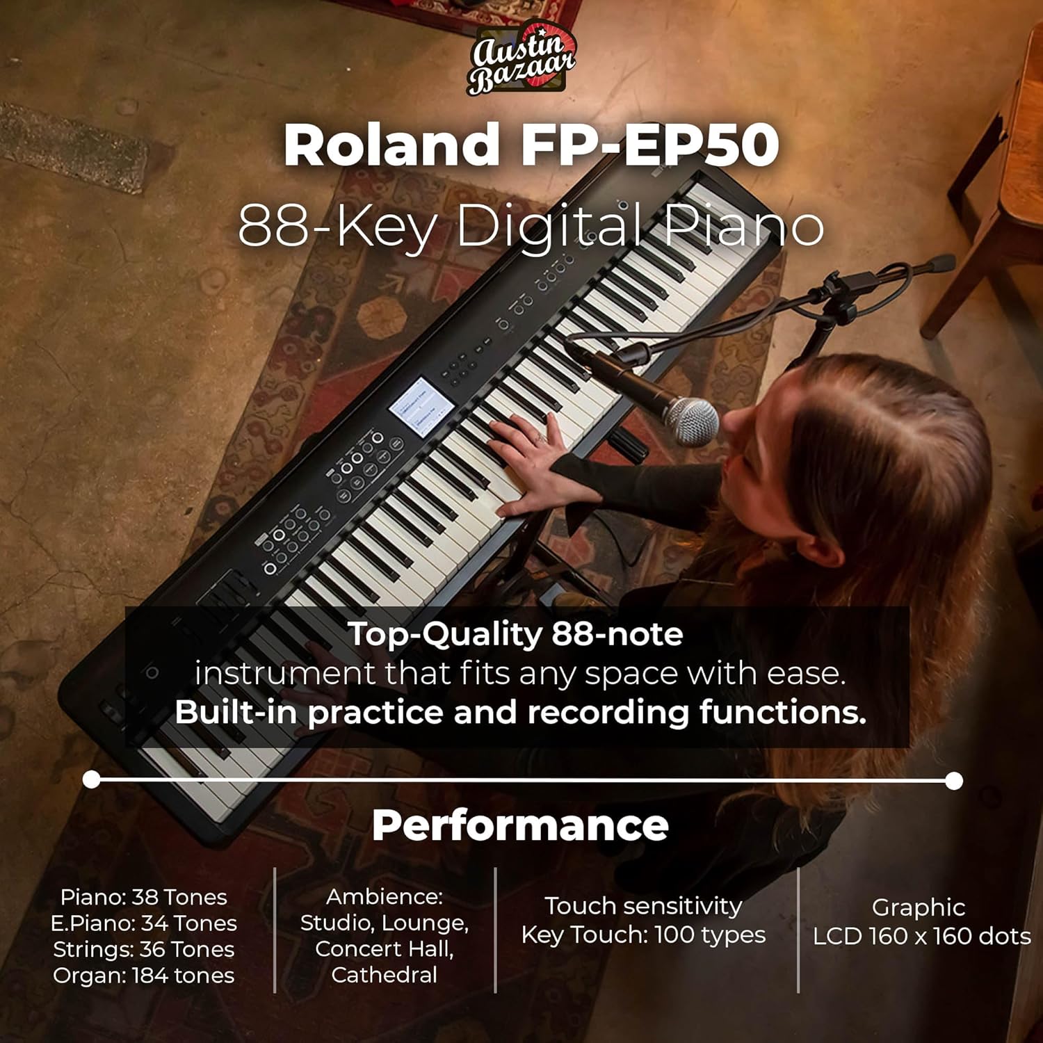 Roland FP-E50 88-Key Digital Piano - Black Bundle with Adjustable Stand, Bench, Deluxe Sustain Pedal, Piano Book, Online Piano Lessons, Instructional DVD, and Austin Bazaar Polishing Cloth