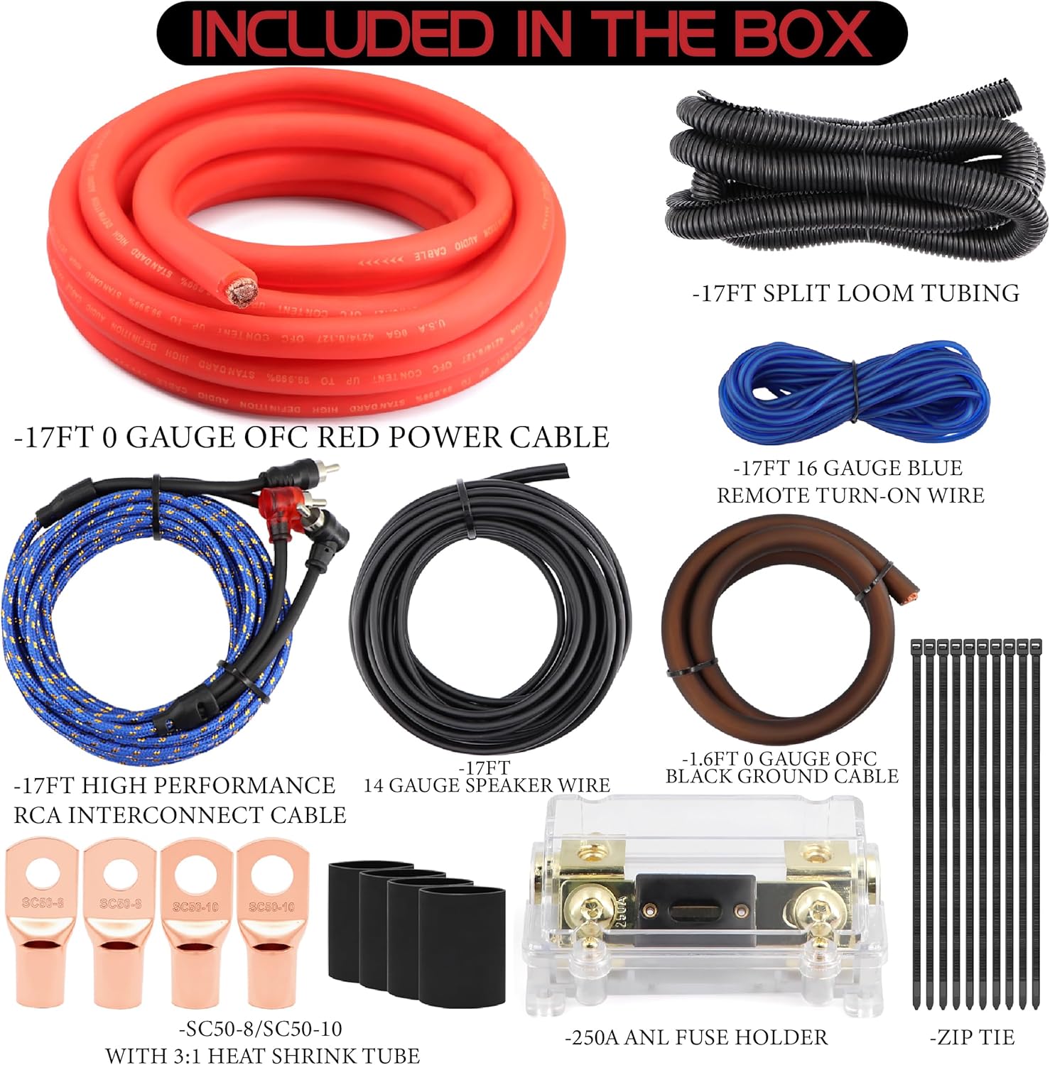 0 Gauge OFC AMP Wiring Kit 3000 Watt Car Subwoofer Wire Install kit for Amplifier Power,Radio and Speakers