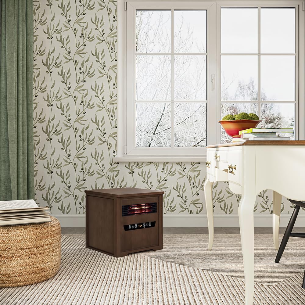 Country Living Infrared Portable Rolling Space Heater with LED Touchscreen and Remote Control | 12h Timer | 1500w Quick Heating for Indoor Use | Birchwood Grain Finish