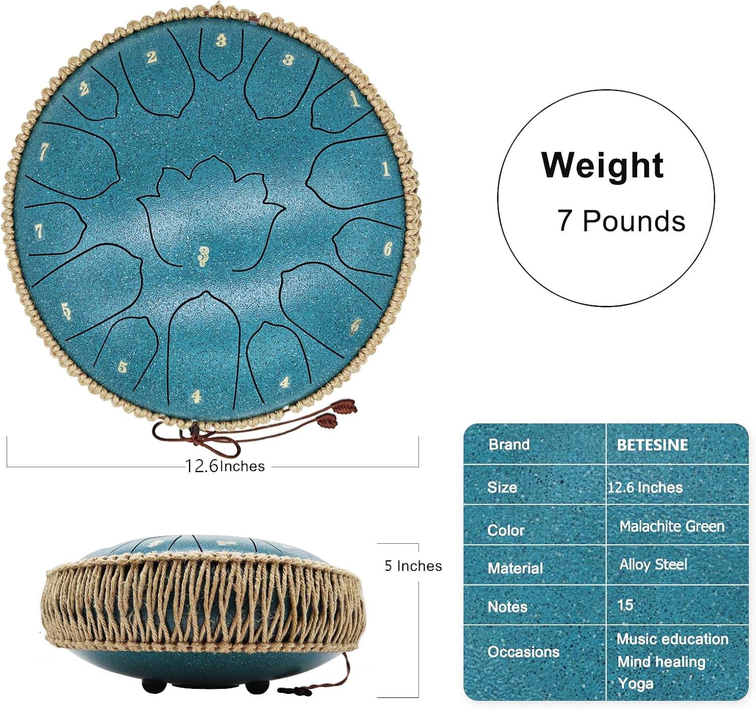 BETESINE 13-Inch 15-Note Steel Tongue Drum – C Major – Handpan Steel Drum for Meditation, Yoga & Relaxation – Includes Mallets, Music Book & Carry Bag (Malachite Green)