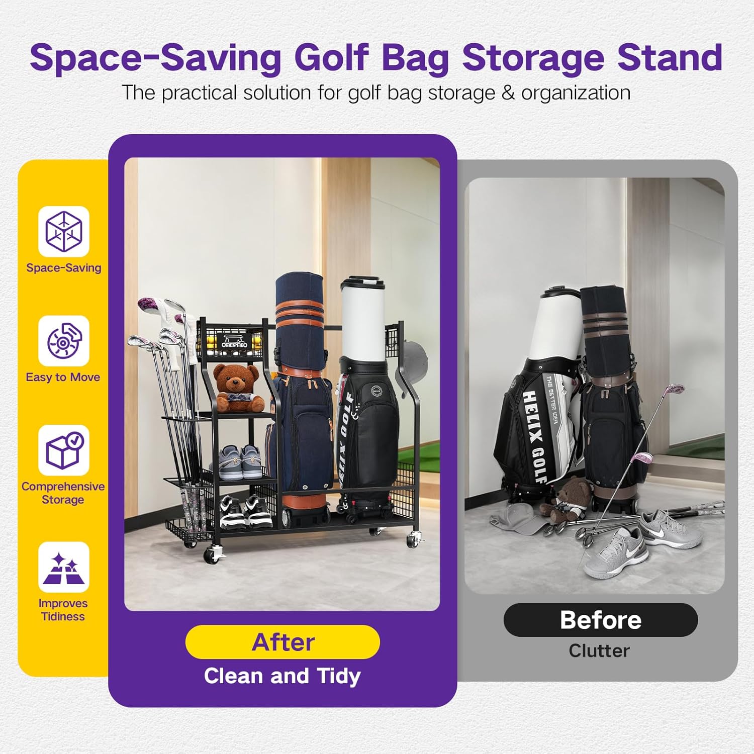 Golf Bag Storage Garage Organizer, Golf Bag Storage Stand and Other Golfing Equipment Accessories Rack, Golf Bag Storage Rack with Wheels, Golf Organizer for Home, Garage, Club, Shed, Basement