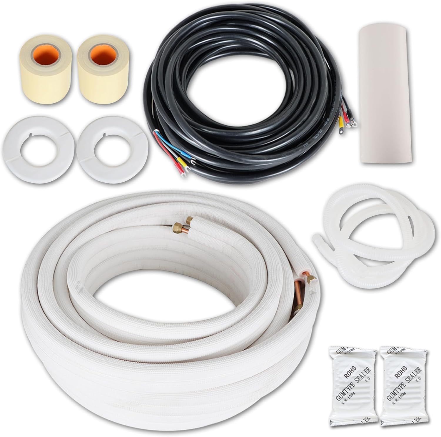 50 FT Air Conditioning Copper Hose Extension, 1/4 and 3/8 Inch Thickened Insulation Cotton with Nuts and Other Accessories Fit for Mini Split Air Conditioner