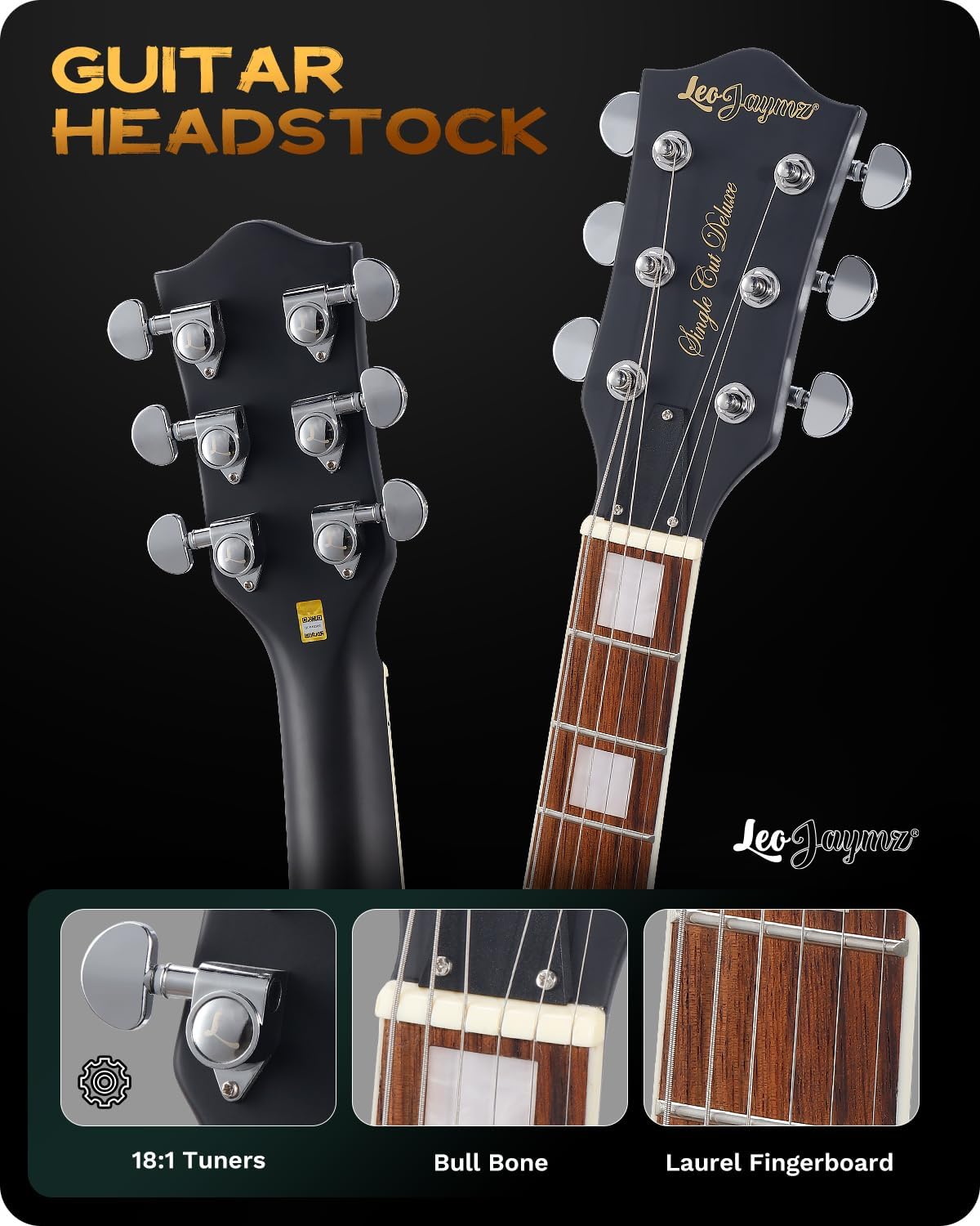 Leo Jaymz SC Series Electric Guitar – Mahogany Body, Laurel Fingerboard, Dual Humbuckers, Stainless Steel Frets, Tune-O-Matic Bridge, C Neck, 18:1 Tuners (Matt Black)