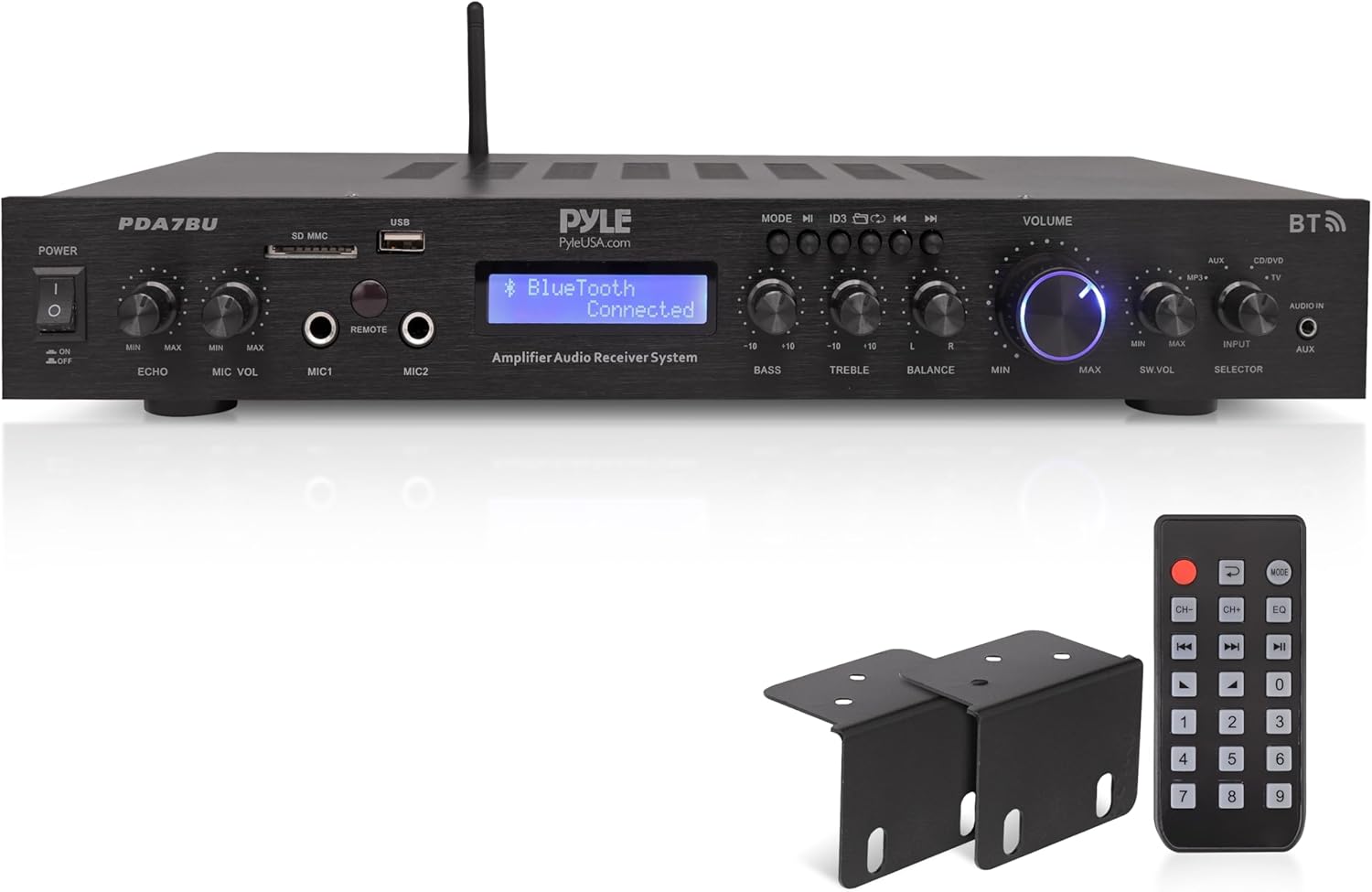 Pyle 5 Channel Rack Mount Bluetooth Amplifier Receiver - Home Theater Amp, Speaker Amplifier, Bluetooth Wireless Streaming, MP3/USB/SD/AUX/FM Radio, 200Watt, w/Digital ID3 LCD Display from - PDA7BU.5