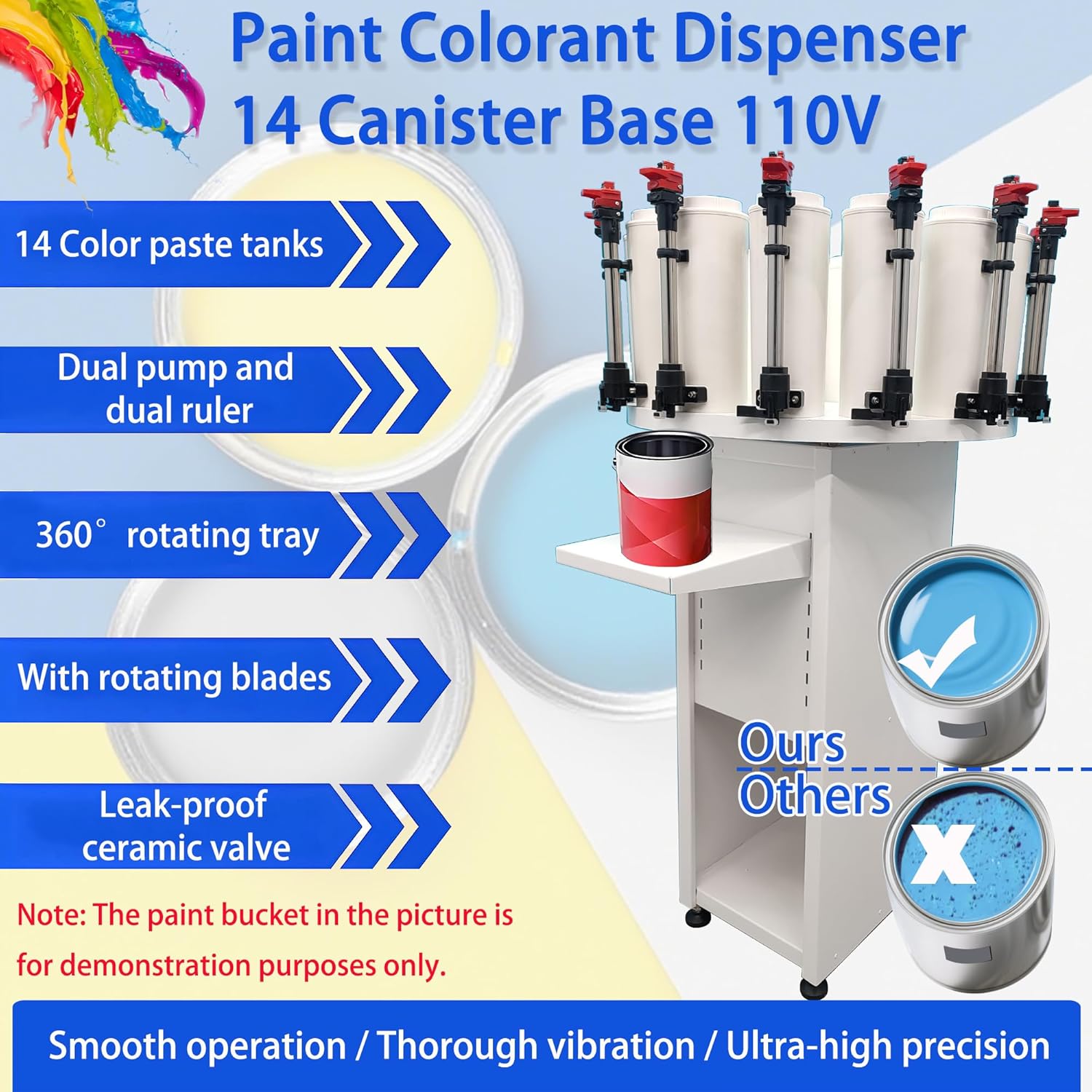 Commercial Paint Colorant Dispenser 2.3L Paint Color Tinting Machine 14 Stations with Dual-Pump Double-Gauge Lock Auto-Mixing Rotating Tray 110V Paste Mixing Machine for Water Oil Colorants