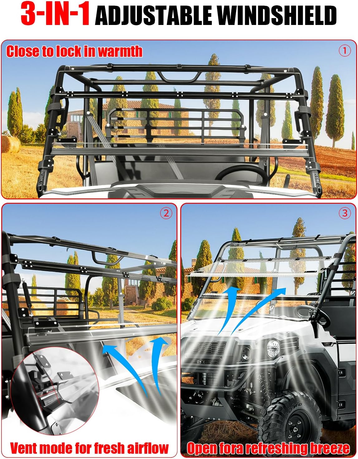 UTV Flip Up Windshield for Kawasaki Mule Pro FXT FX, Clear 1/5