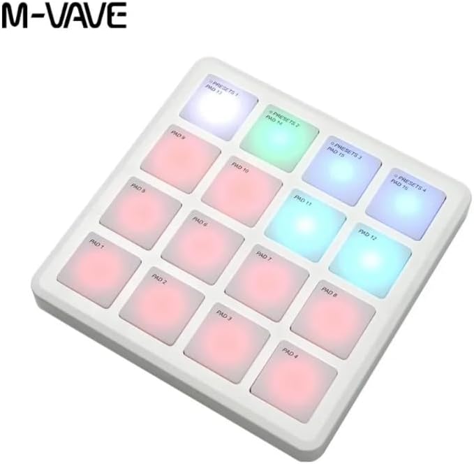 Portable Wireless MIDI Pad Controller — 16 Velocity Pads, Bluetooth & USB MIDI, Note Repeat & Macro Knobs, Ultra-Compact Pocket Design