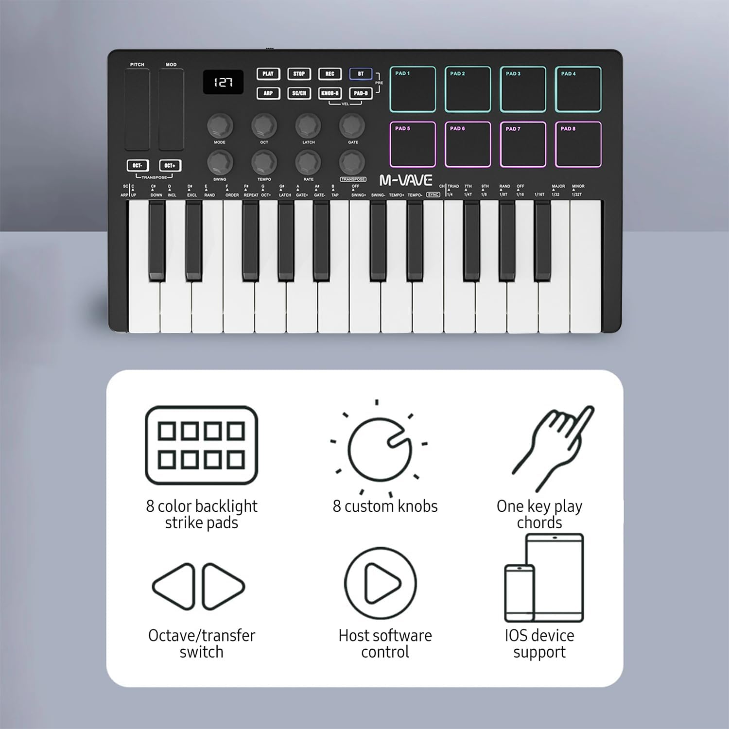 M-VAVE 25 Key USB MIDI Keyboard Controller With 8 Backlit Drum Pads,Piano Keyboard Wireless Semi Weighted Professional Dynamic Keybed 8 Knobs,Software Included