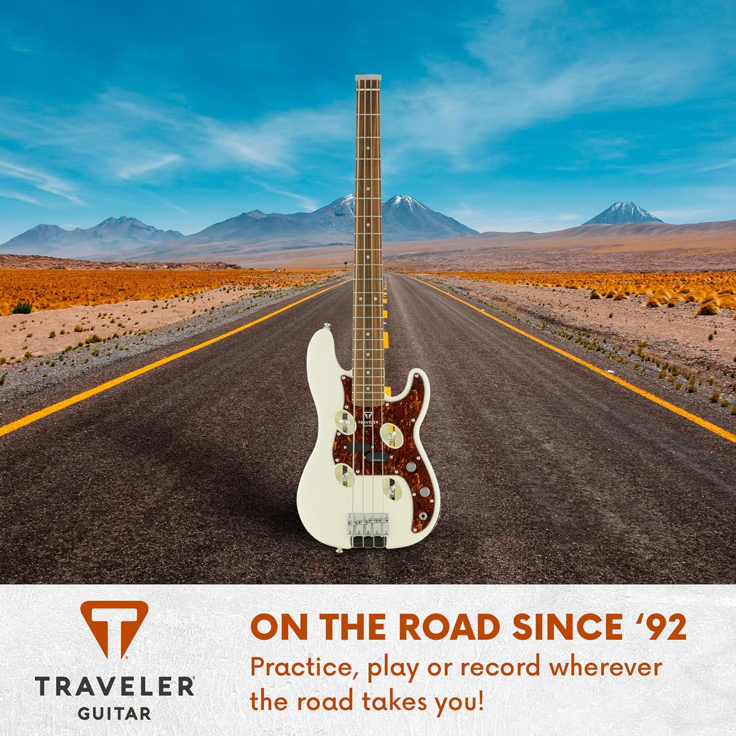 Traveler Guitar TB-4P Pearl White Bass | Travel Guitar with Aux-in | 4 String Bass Guitar with 22 Jumbo Frets | Full 32