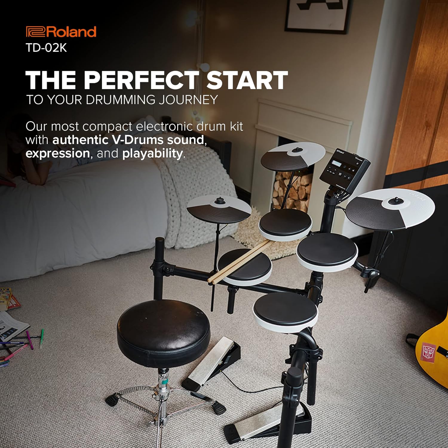 Roland TD-02K V-Drums | Entry-Level Compact Electronic Drum Kit with Expressive Playability, Noise-Reducing Features, Height-Adjustable Stand & Optional Bluetooth Expansion | Onboard Coach Function