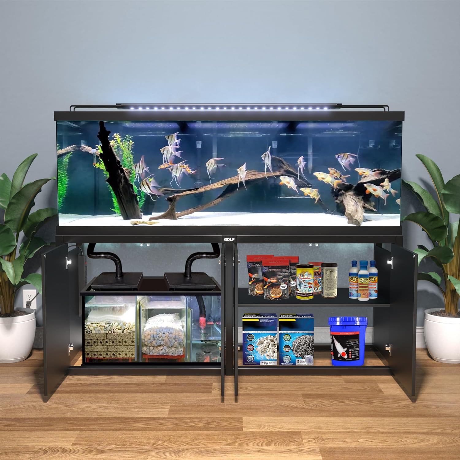 GDLF 125-150 Gallon Fish Tank Stand, Heavy Duty Metal Aquarium Stand with Power Outlet and Cabinet for Fish Tank Filters and Accessories,72.8