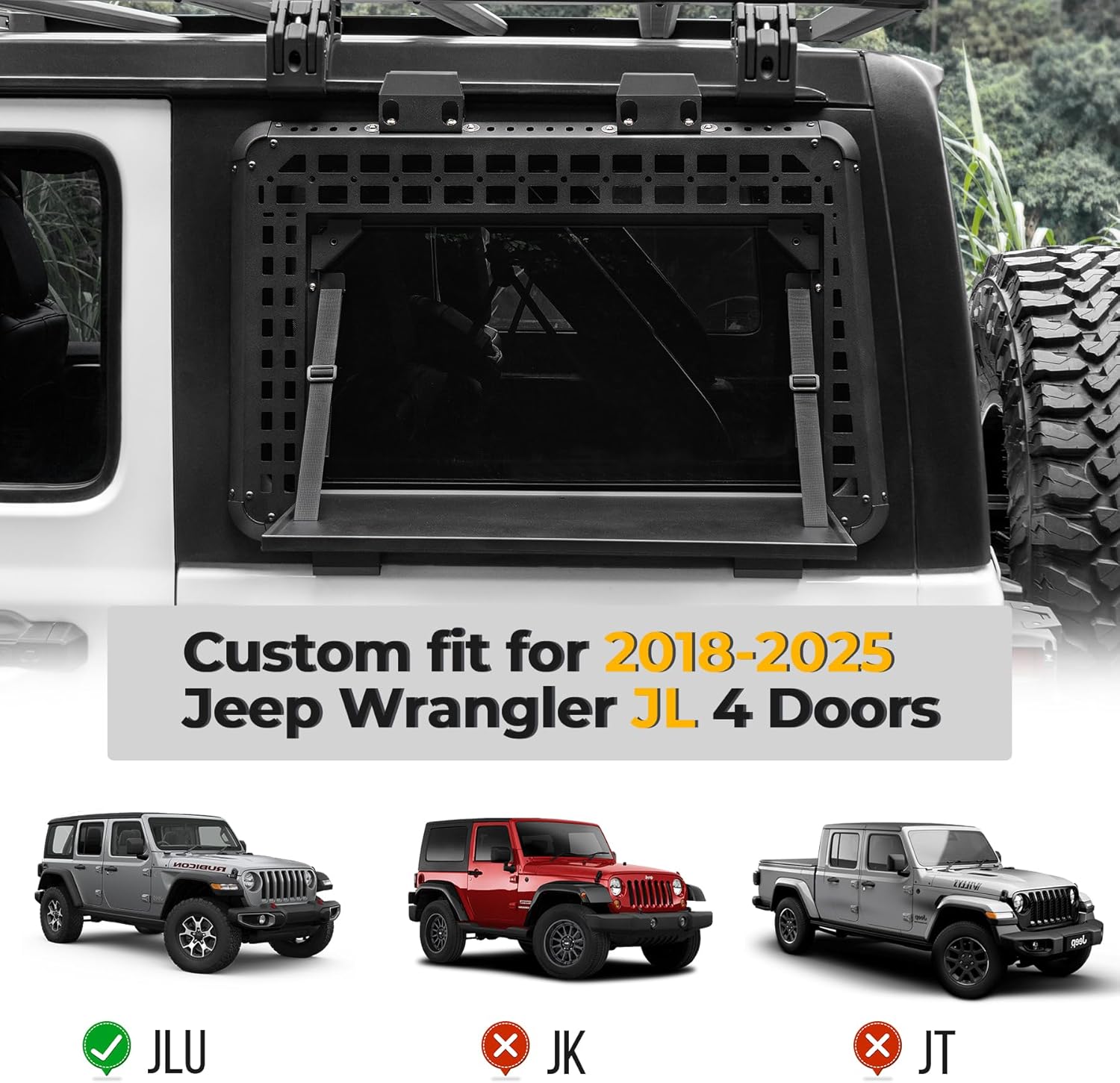 Rear Window Molle Panel with Fold-Down Table - Tactical Modular Rear Window Storage Panels for 2018-2025 Jeep Wrangler JL Off Road Camping Accessories (Driver Side)
