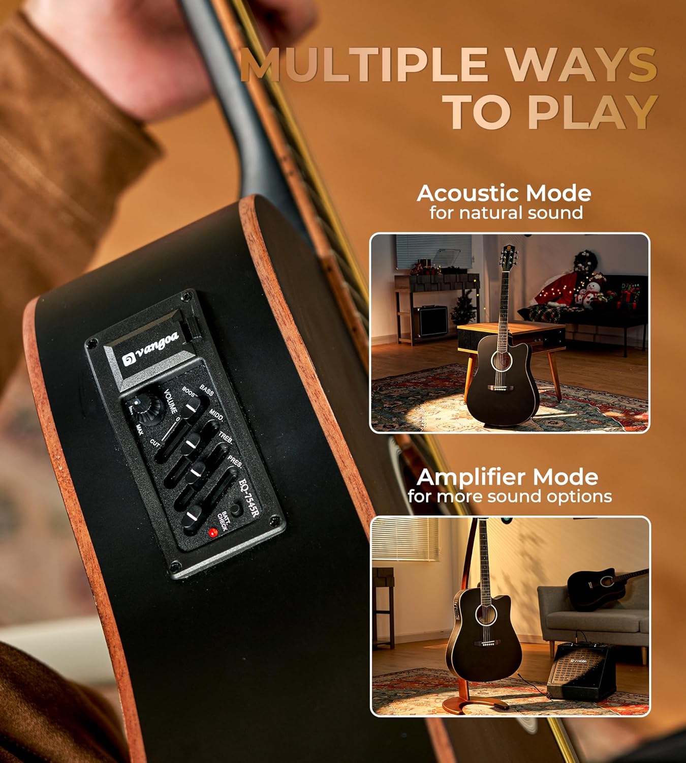 Vangoa Acoustic Electric Guitar Bundle for Beginners Adults Teens Full Size Cutaway Acoustic Guitar with Built-in Pickups, Wooden Bindings, Upgraded Starter Kit, Matte Black