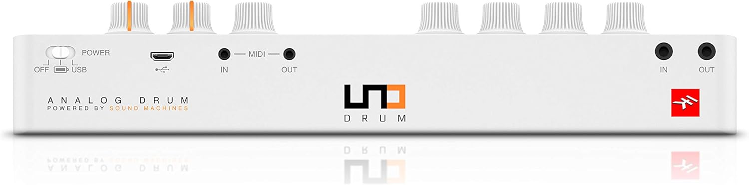 IK Multimedia UNO Drum analog and digital drum machine with 6 analog voices, 64-Step Sequencer, USB and 2.5mm MIDI, 100 pattern presets, battery-powered and portable