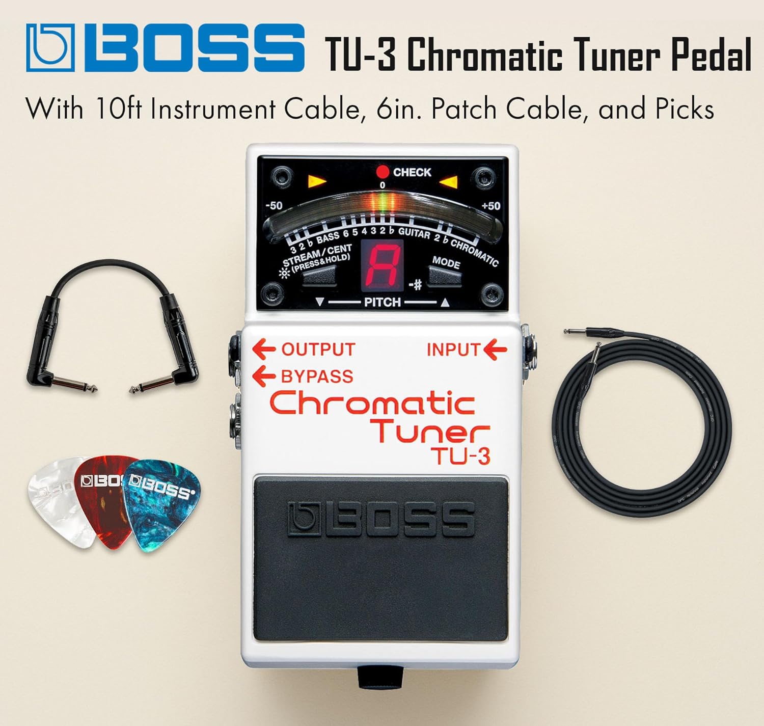 Boss TU-3 Chromatic Tuner Pedal - Bundle with Gearlux Instrument Cable, Patch Cable, and Picks