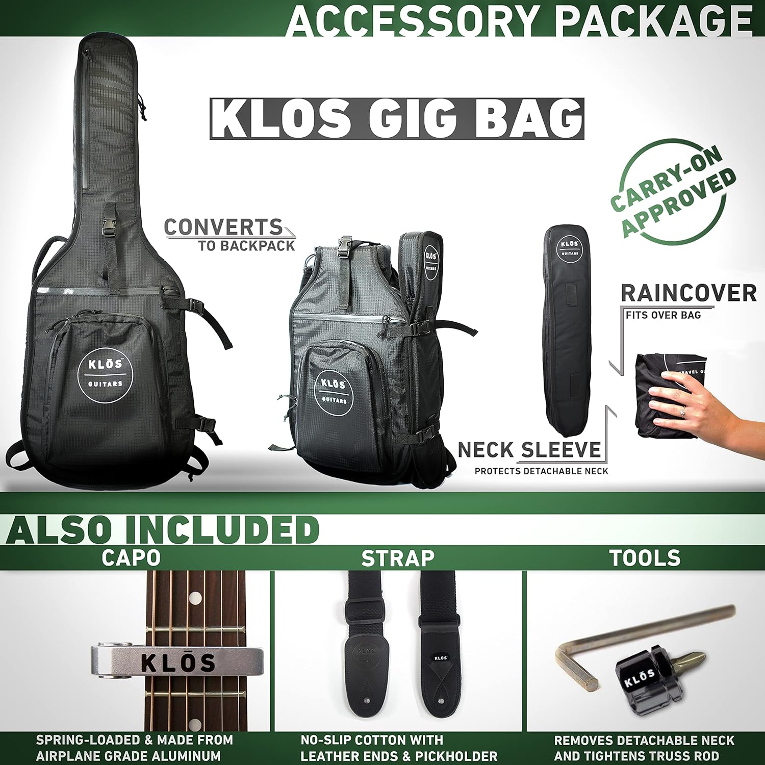 KLOS Travel Guitar, Durable Carbon Fiber Acoustic Guitar - Black with Gig Bag, Strap, Capo and more