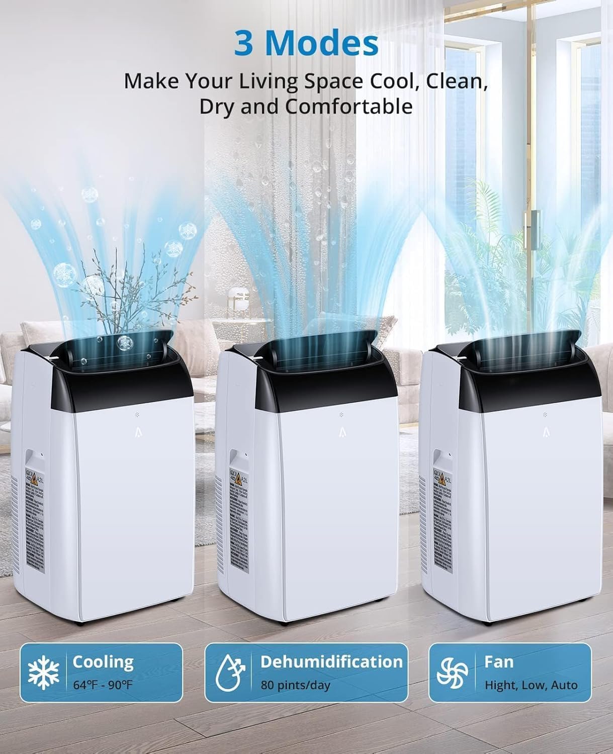 14,000 BTU Portable Air Conditioner, 3-in-1 Cooling Fan & Dehumidifier for Rooms Up to 750 Sq.Ft, Ultra-Quiet Sleep Mode & 24H Timer, Remote Control & Window Kit Included