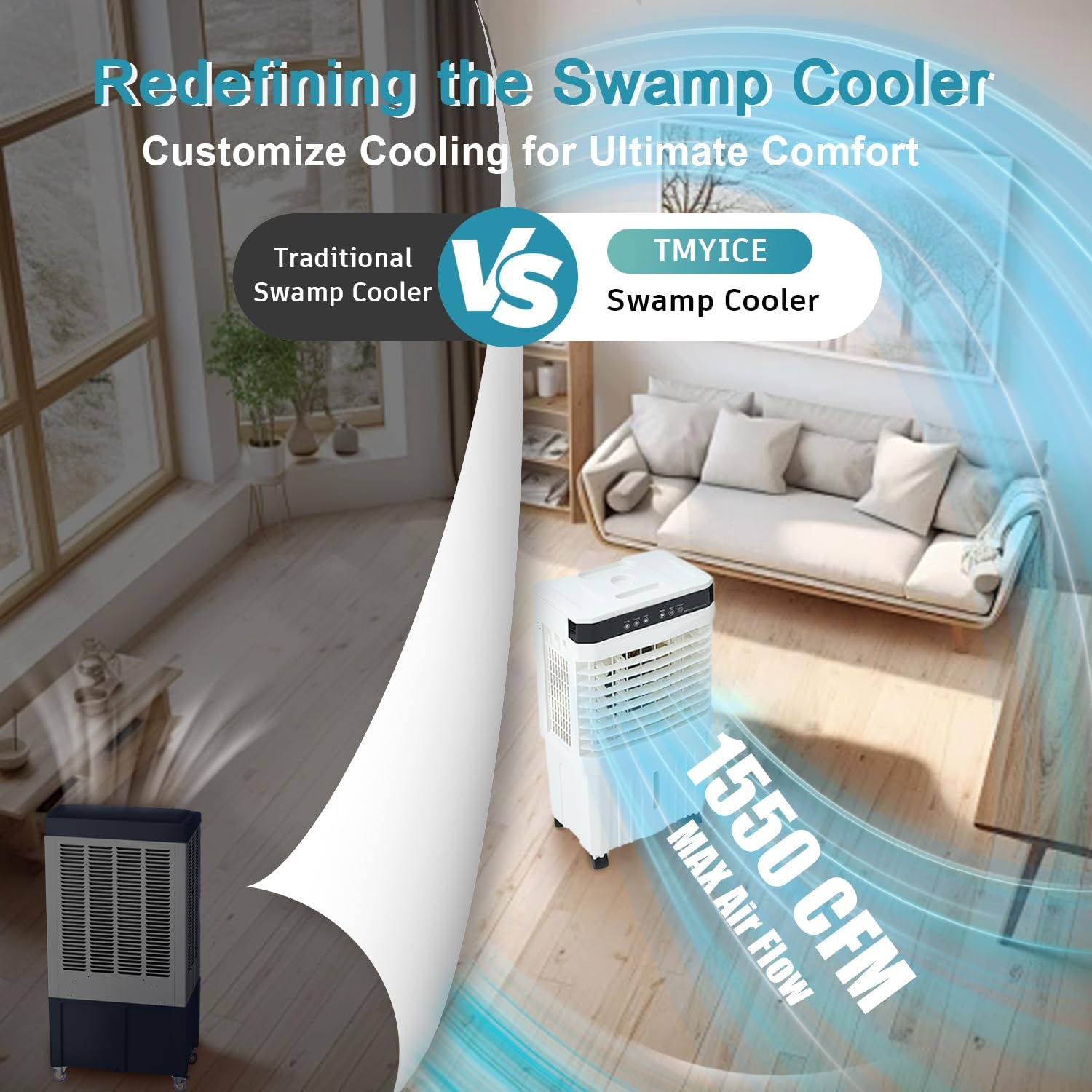 Swamp Cooler Portable Air Conditioners, 28” Evaporative Air Cooler with 3 Gallon Water Tank, 4 Ice Packs, 120°Oscillation Cooling Fan 2 Modes & 3 Speeds, 12H Timer for Home Outdoor Office Garage