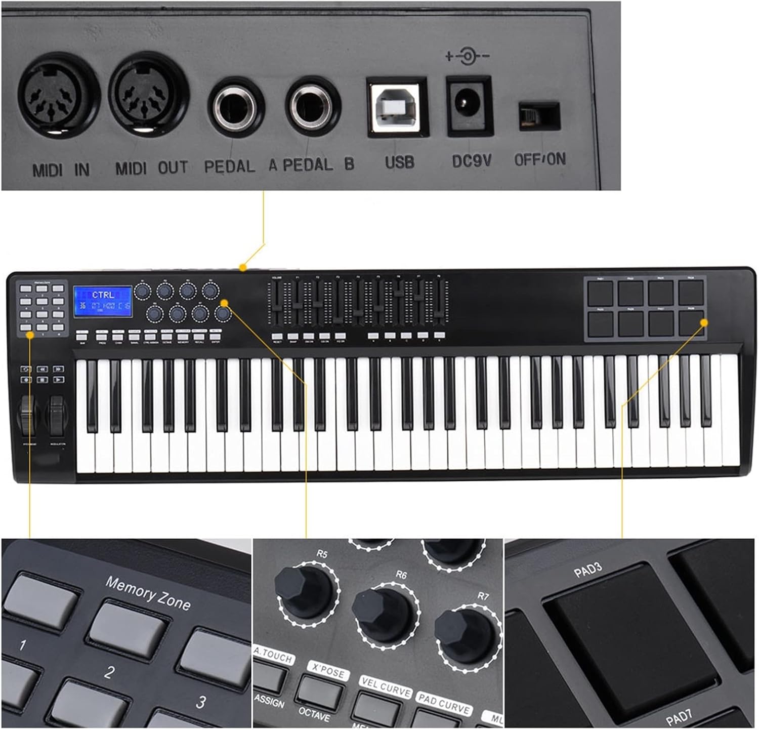 Keyboard Piano Portable 61-Key USB MIDI Keyboard Controller 8 RGB Colorful Backlit Trigger Pads Piano Midi Controller