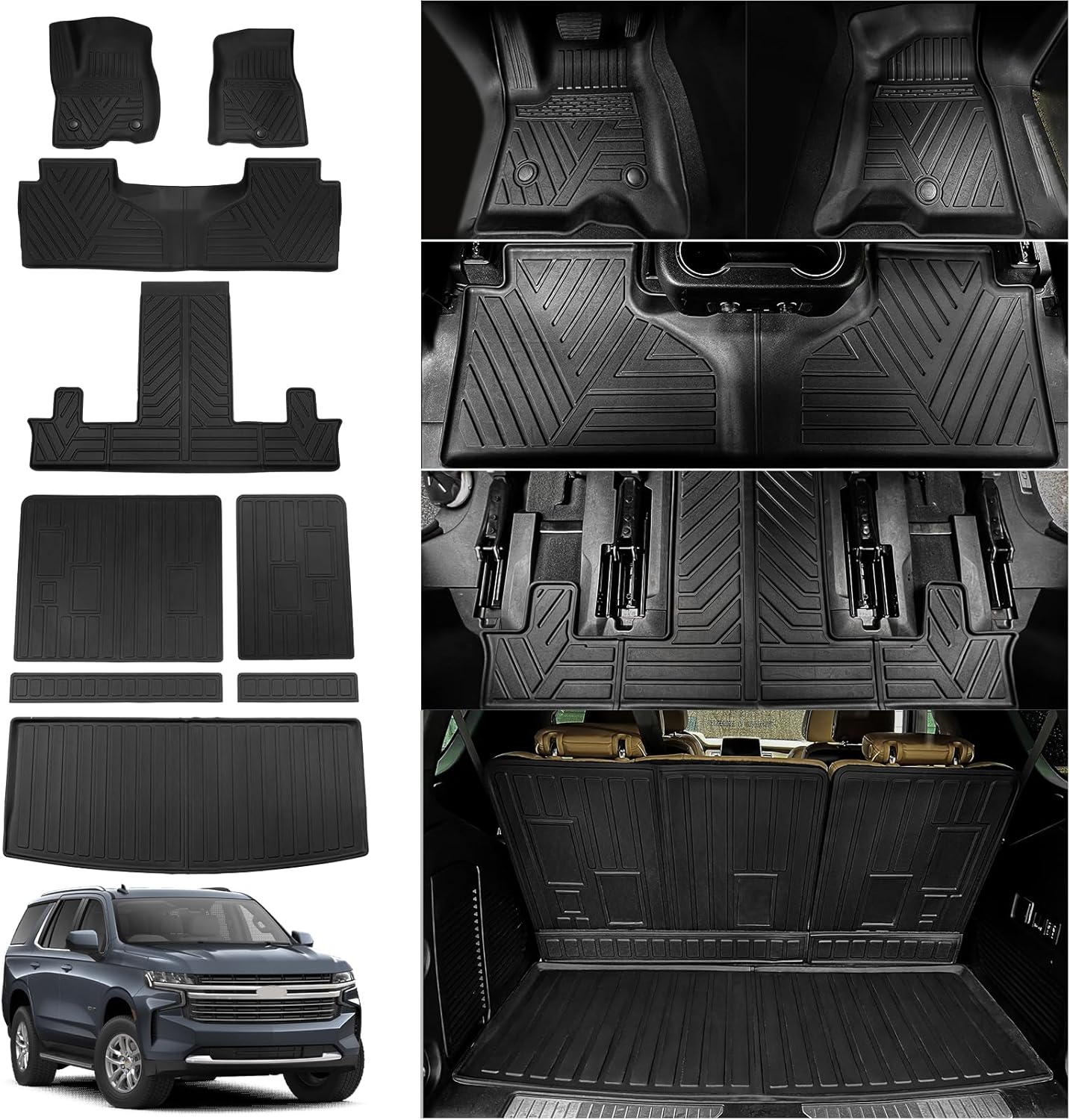Rongtaod Floor Mats Compatible with 2022 2023 2024 2025 2026 Chevrolet Tahoe 7 Seats Trunk Mat Cargo Mat Cargo Liner Back Seat Protector Chevy Tahoe Accessories (Trunk Mat+Backrest Mats+Floor Mats)