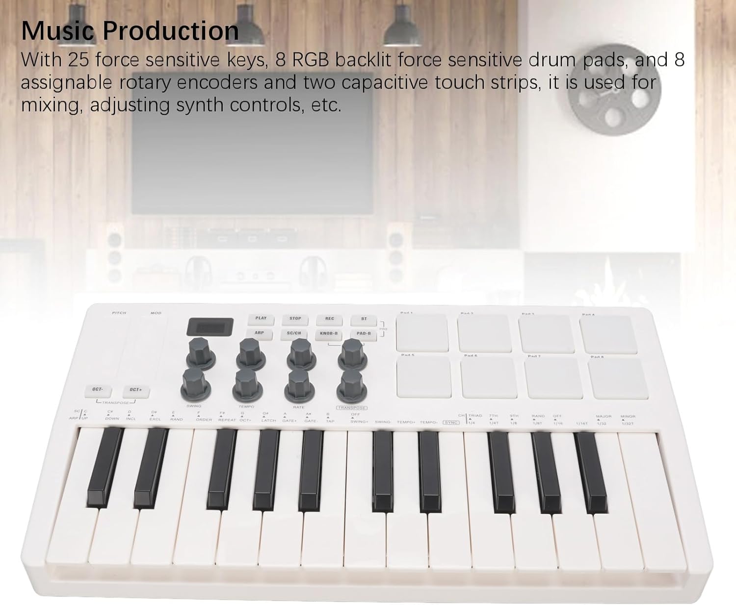 Portable Bluetooth MIDI Keyboard Controller, 25 Key MIDI Controller with 8 Backlit Drum Pads & 8 Knobs, for Musician Music Production