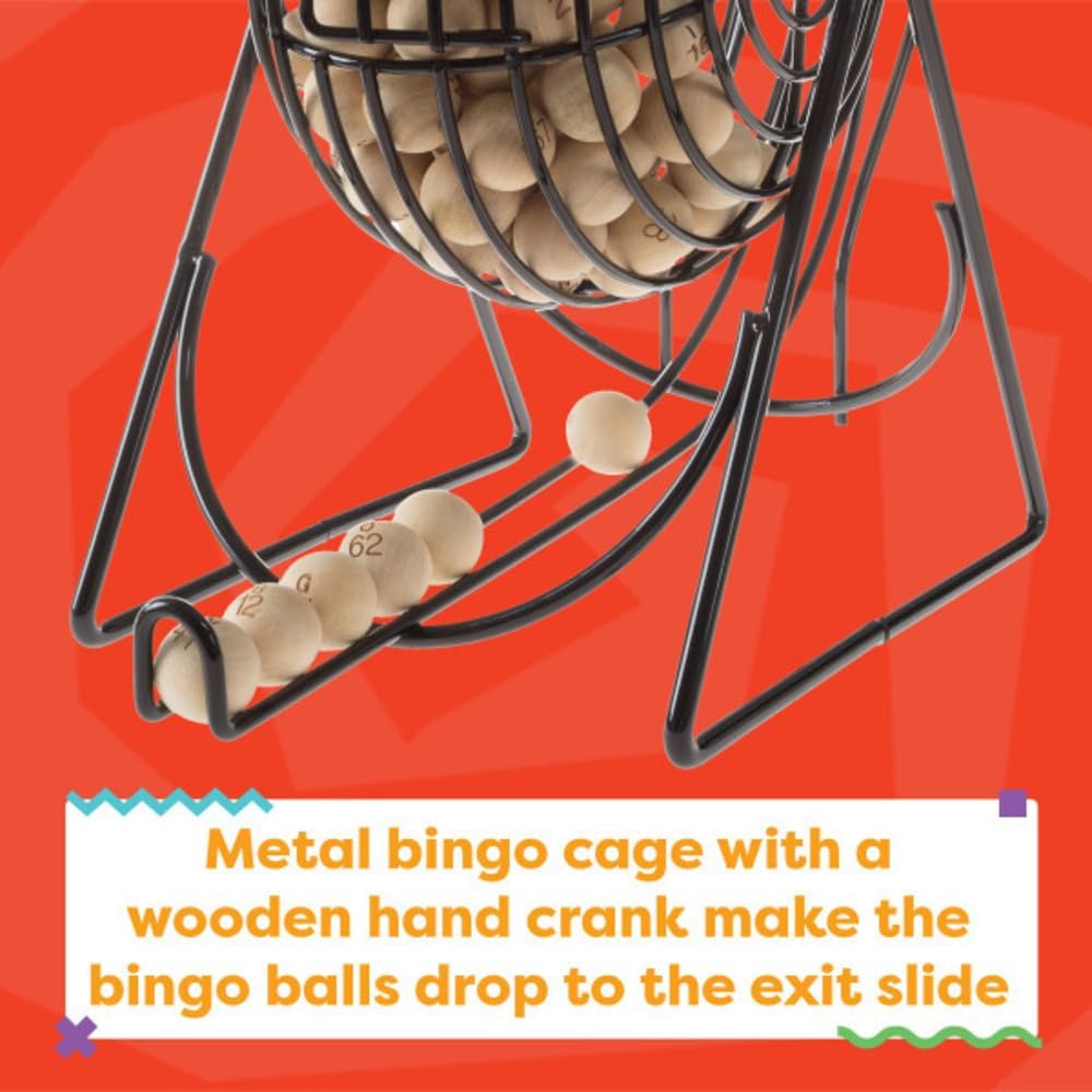 Deluxe Bingo Game with Accessories, Metal Ball Spinner, Wooden Bingo Balls & Board & Shutter Cards for Adults, Boys and Girls by Hey! Play!