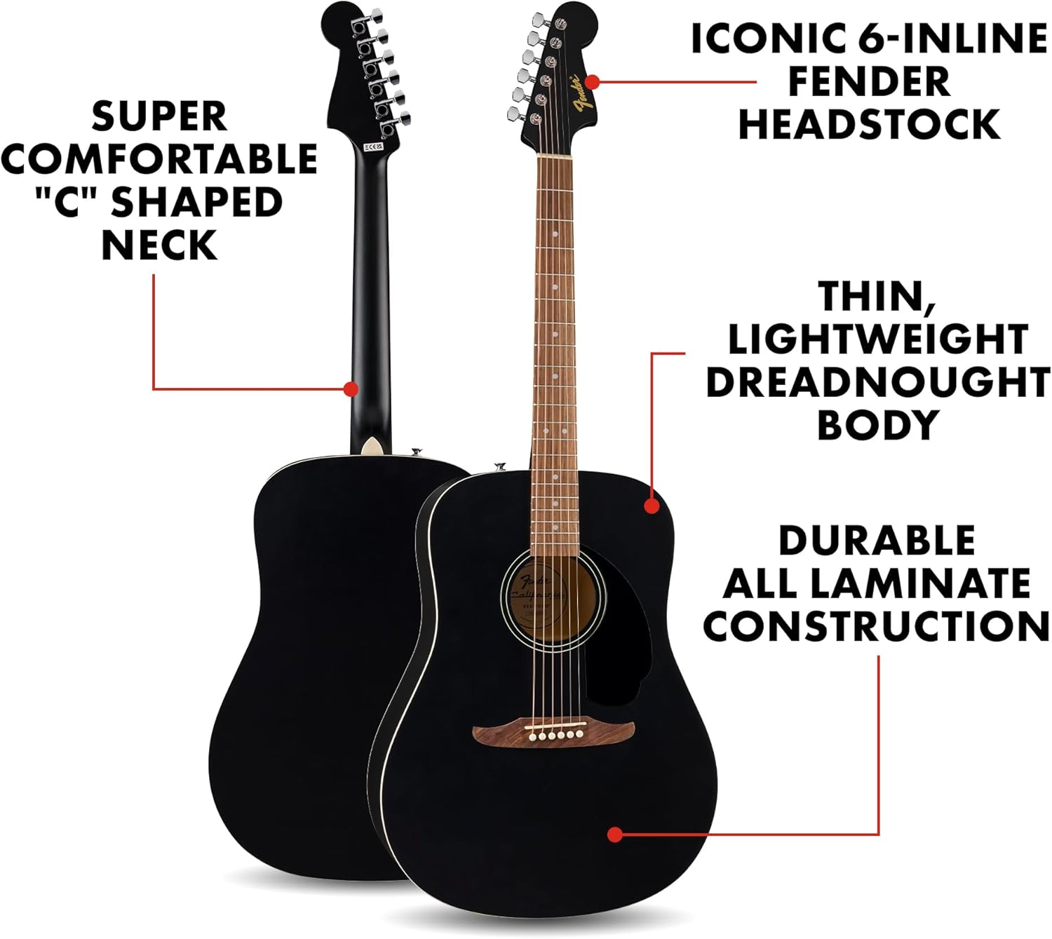 Fender California Debut Redondo Series Acoustic Guitar, Beginner Guitar, 2-Year Warranty, Black