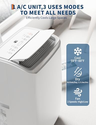 Portable AC Unit for Bedroom, 12000 BTU Air Conditioner for Rooms up to 550 Sq.Ft, 3-in-1 Energy Efficient AC Unit for Room with Fan, Dehumidifier 24H Timer & Remote Control, White