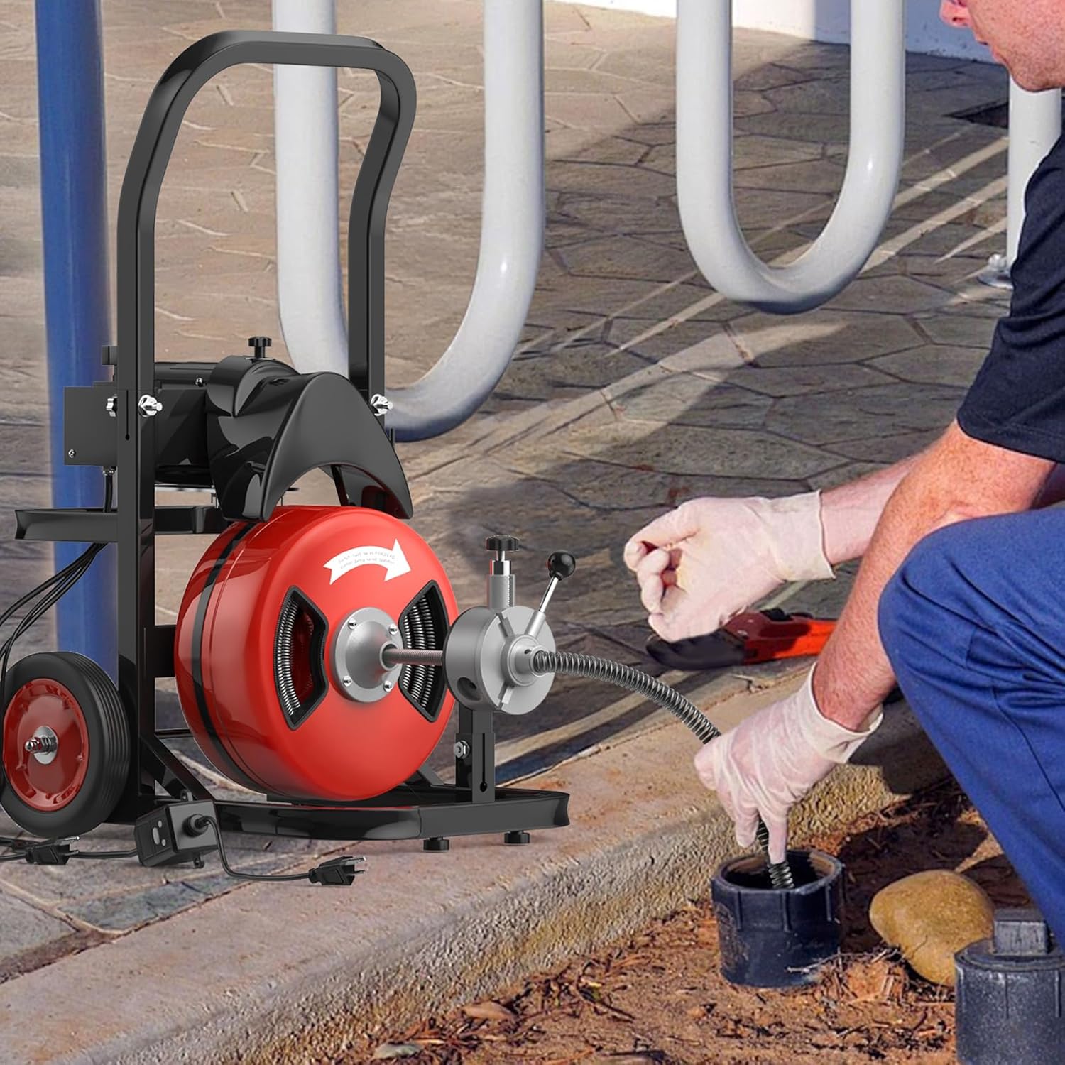 PrecisionAuto Drain Cleaning Machine, 100Ft x 1/2 Inch Drain Cleaning Machine - with 6 Cutters & Air Foot Switch, Commercial Electric Drain Cleaner Tool with Wheels, Efficient 2