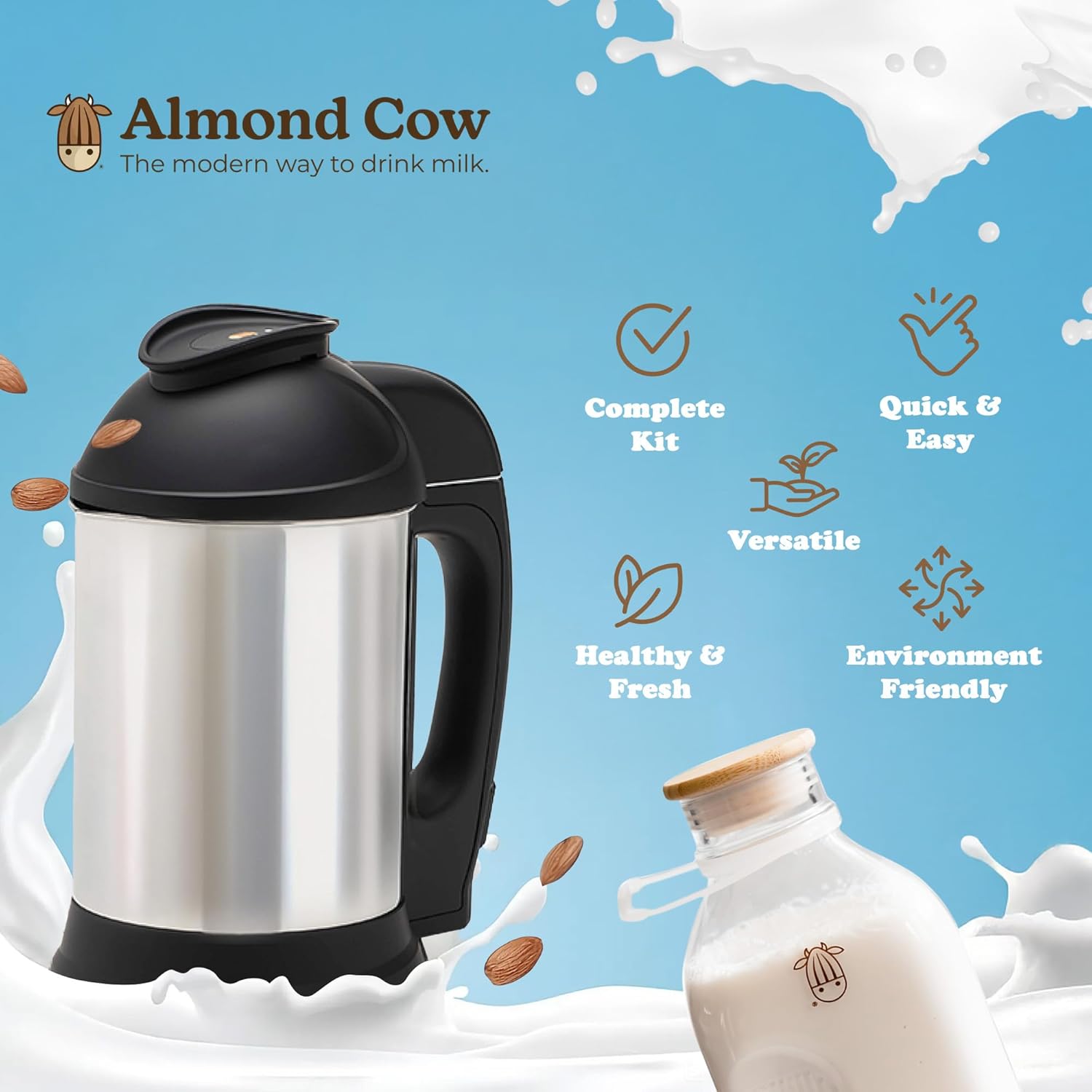 Almond Cow Nut Milk Maker Essentials Bundle - Includes Plant-Based Milk Maker, 60 fl oz Glass Pitcher with Lid & Spout, and 13” Cleaning Brush - DIY Nut Milk, Perfect Accessories for Homemade Nut Milk