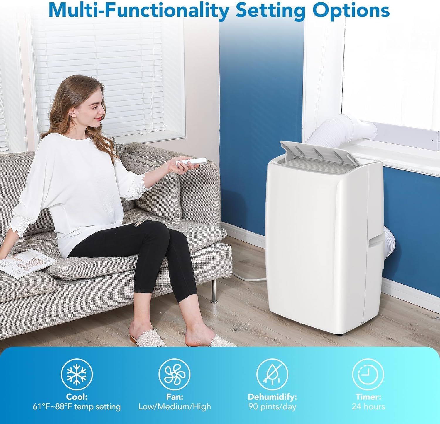 Portable Air Conditioners, 14000 BTU, 3-In-1 Unit Offers Fast Cooling, Dehumidification, Three-Speed Fan for Rooms Up to 750 Sq. Ft, with a 24-Hour Timer, Remote Control, and Operates Quietly