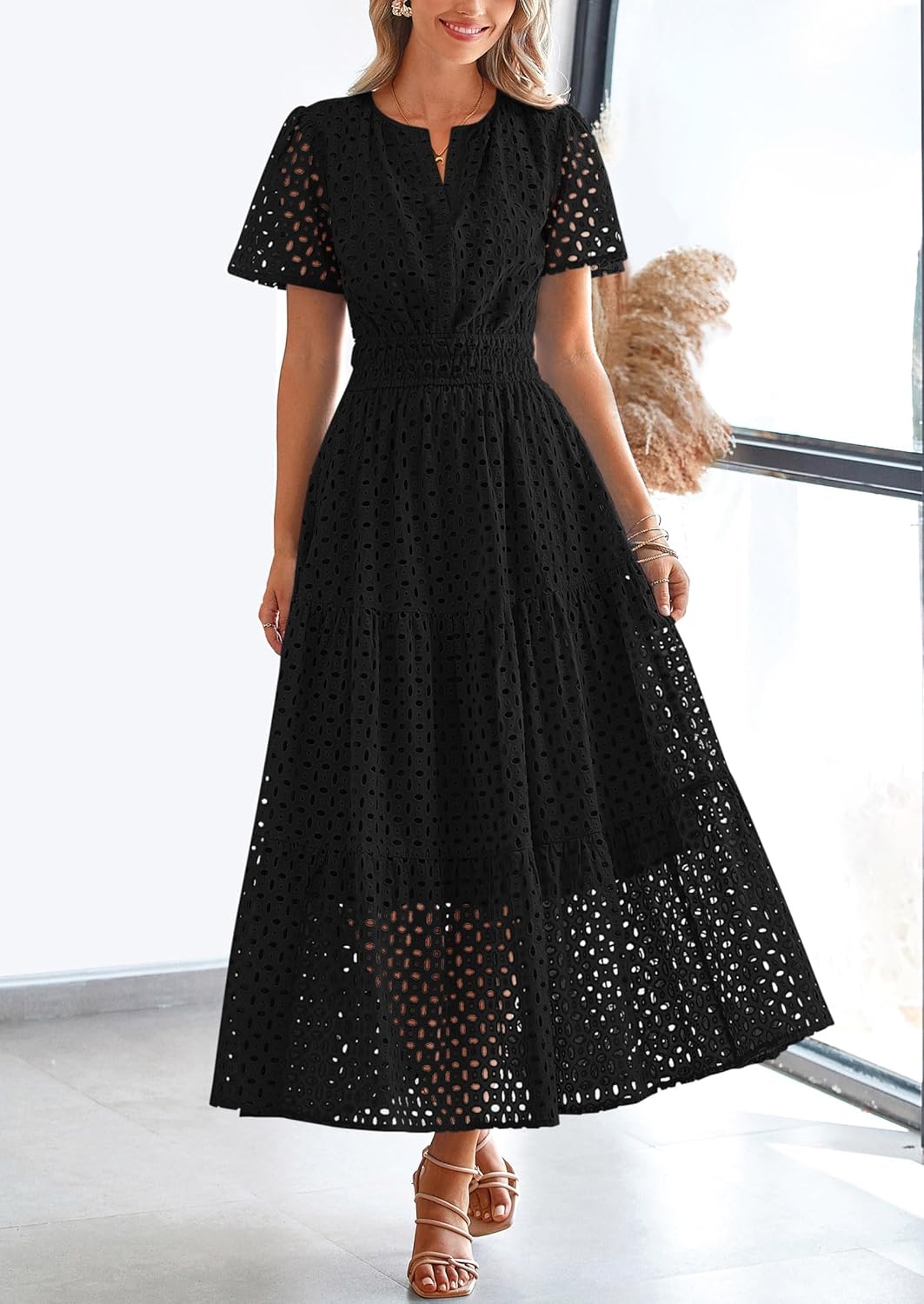 PRETTYGARDEN Womens 2026 Summer Maxi Dress Short Sleeve V Neck Hollow Out Eyelet A Line Long Flowy Beach Vacation Dresses