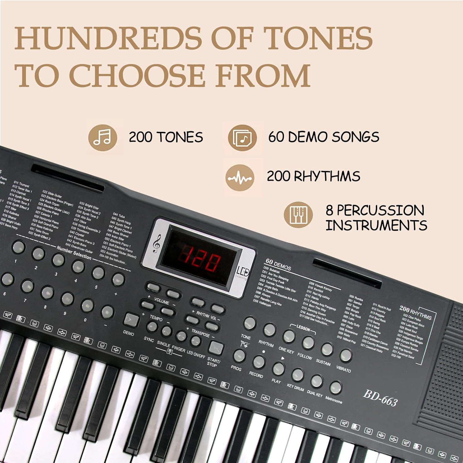 Keyboard Piano 61 Key Electric Piano Keyboard for Beginners/Professional, Full Size Light Up Music Keyboard Built-in Dual Speakers with LED Display, Stand, Music Stand, Microphone, Bench (Black A)