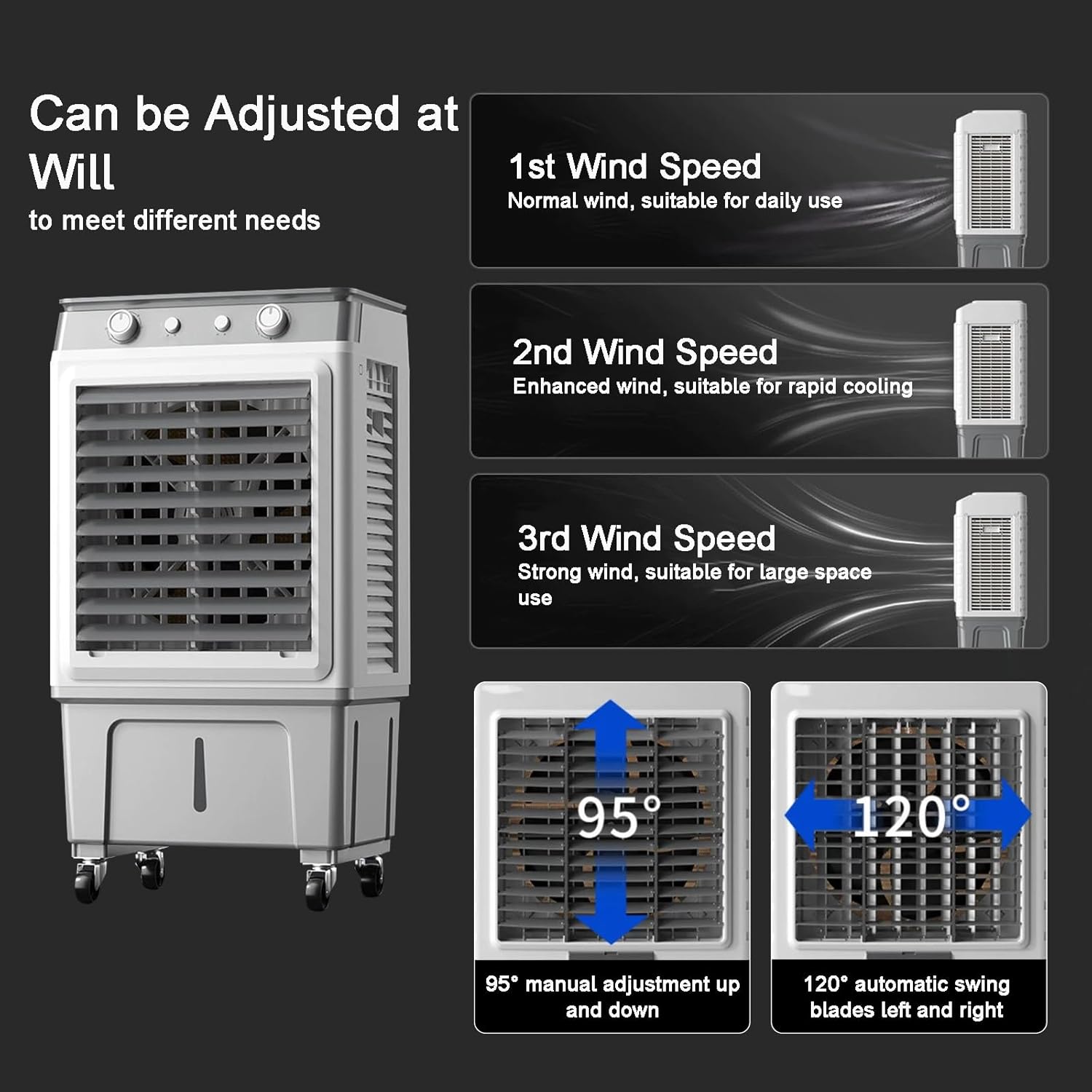 Portable Air Conditioners, Air Cooling Fan, 3 Wind Speeds, 35l/9 gallon Water Tank, 120° Wide-angle Air Supply, Rapid Cooling, for Office, Terrace