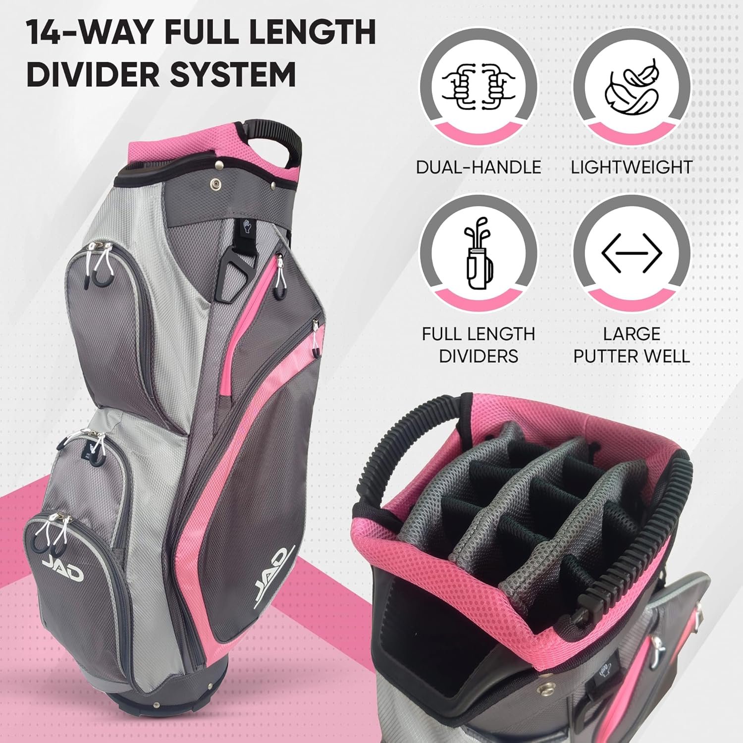 JAD Lightweight Womens Golf Bag, Golf Cart Bag with Dual Handles for Women/Ladies, 14-Way Full-Length Top Dividers, Large Putter Well, Ultra Lightweight, Large Pockets for Accessories